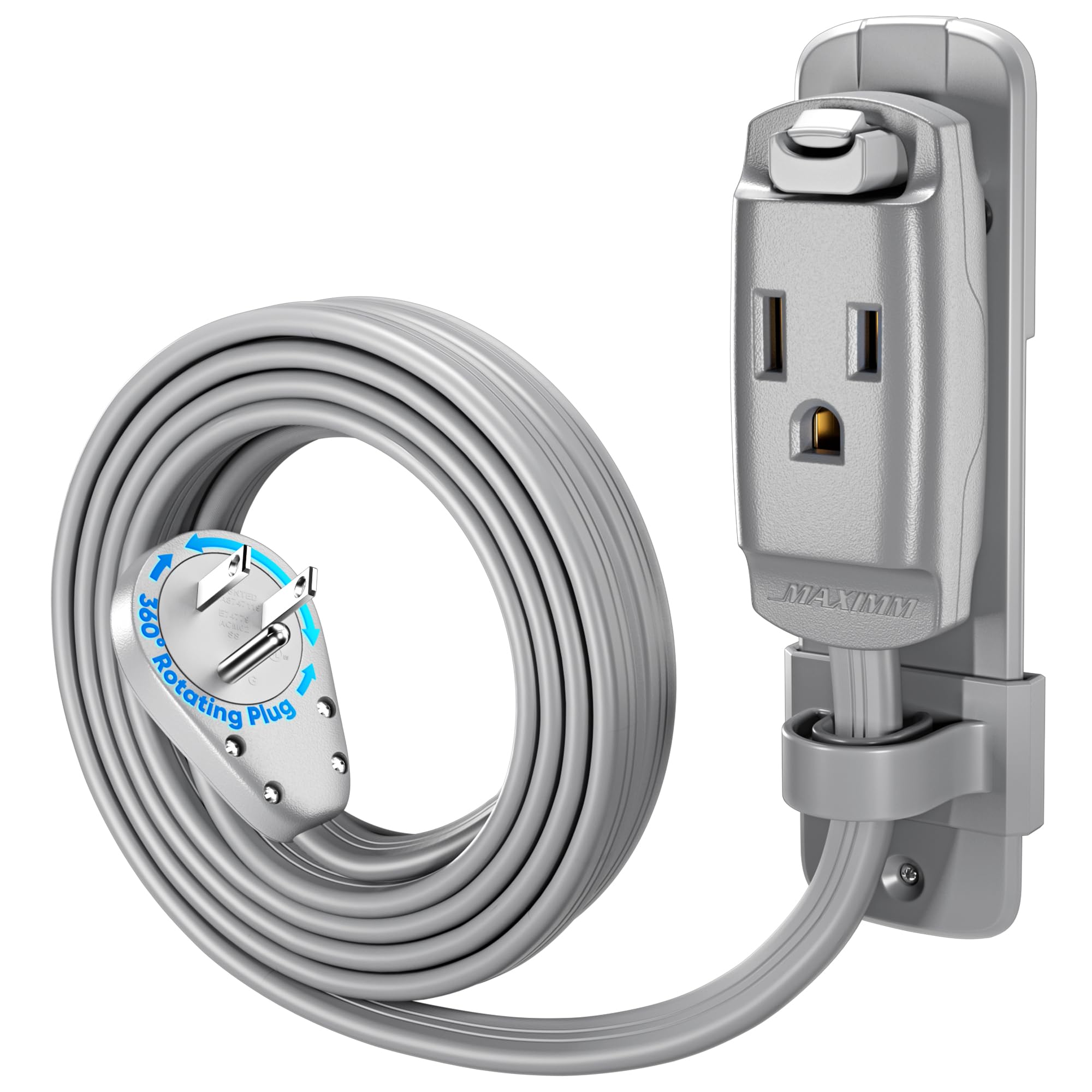 Maximm 10 Ft Gray 360 Rotating Flat Plug Heavy Duty 14 Gauge Air Conditioner Extension Cord - Slim Low Profile Design with Wall Mount and Hanging Loop for Window and Portable AC Units and Appliances