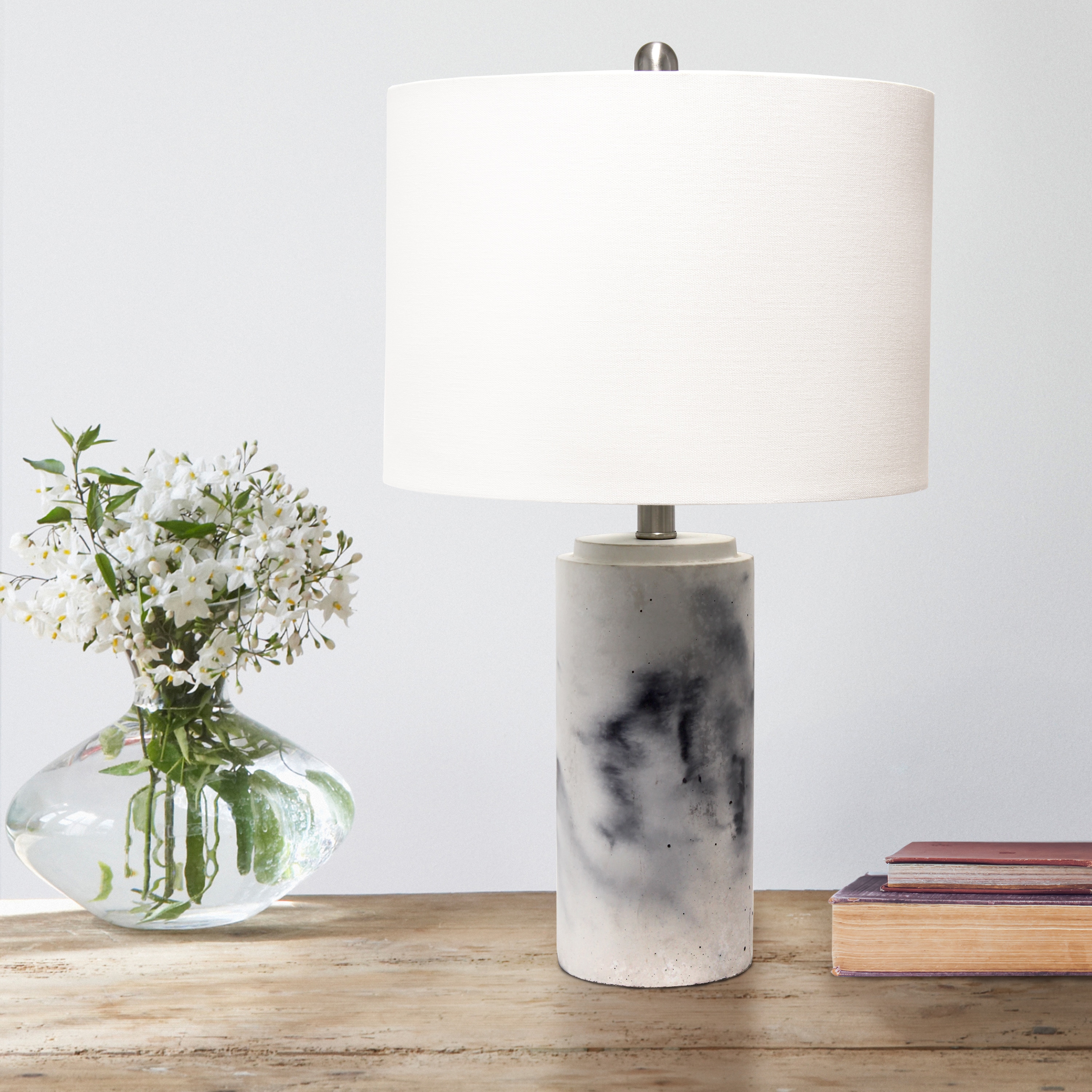 White Marbleized Cylinder Nightstand Lamp with Fabric Shade