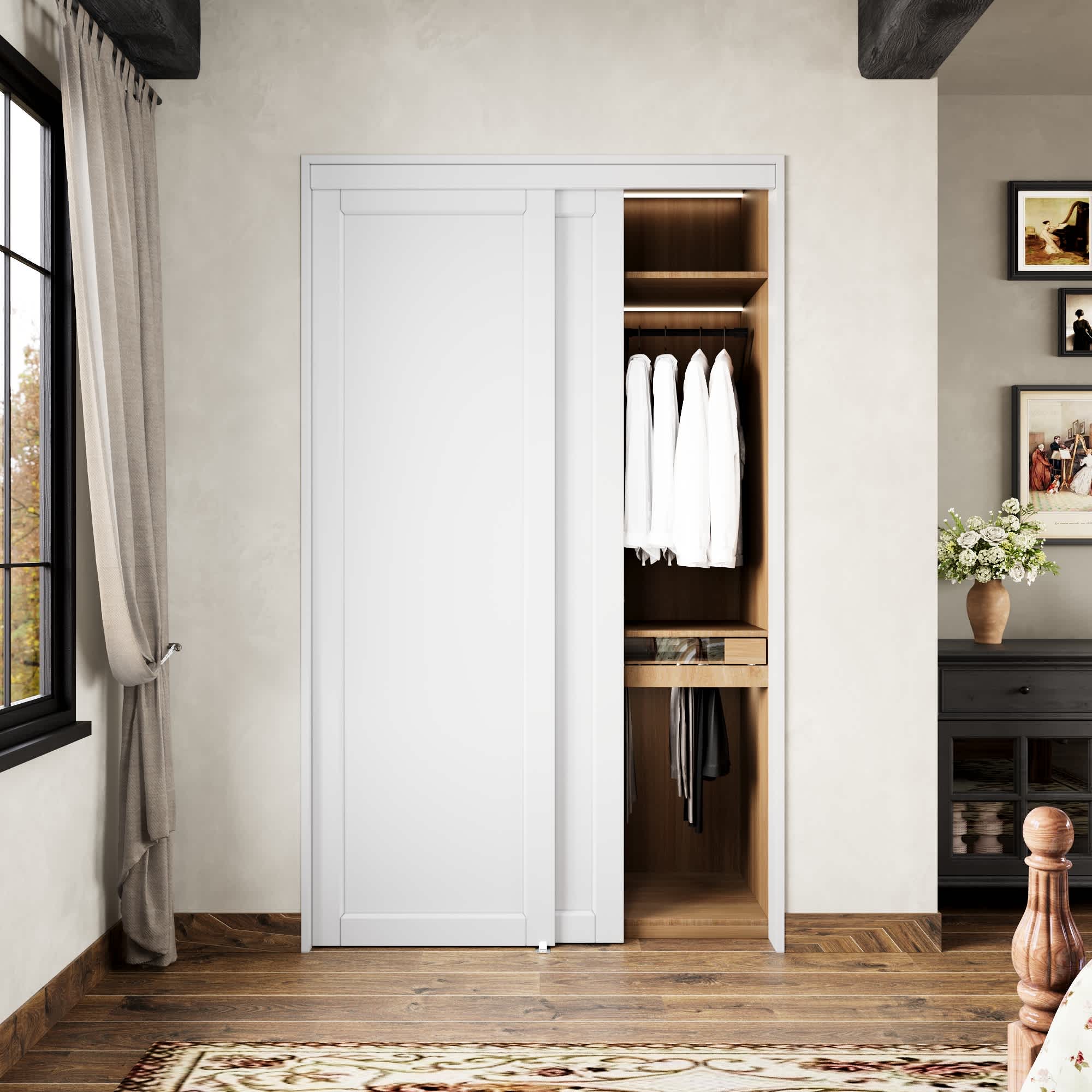 Ark Design Closet Sliding Door Solid MDF Core 1-Lite White Pre-Finished Composite with Hardware Kit 48-in x 80-in