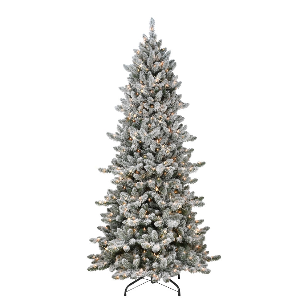 Puleo International RMSSLFA-65C3 6.5-ft Spruce Pre-lit Slim Flocked Artificial Christmas Tree with Clear Incandescent Lights
