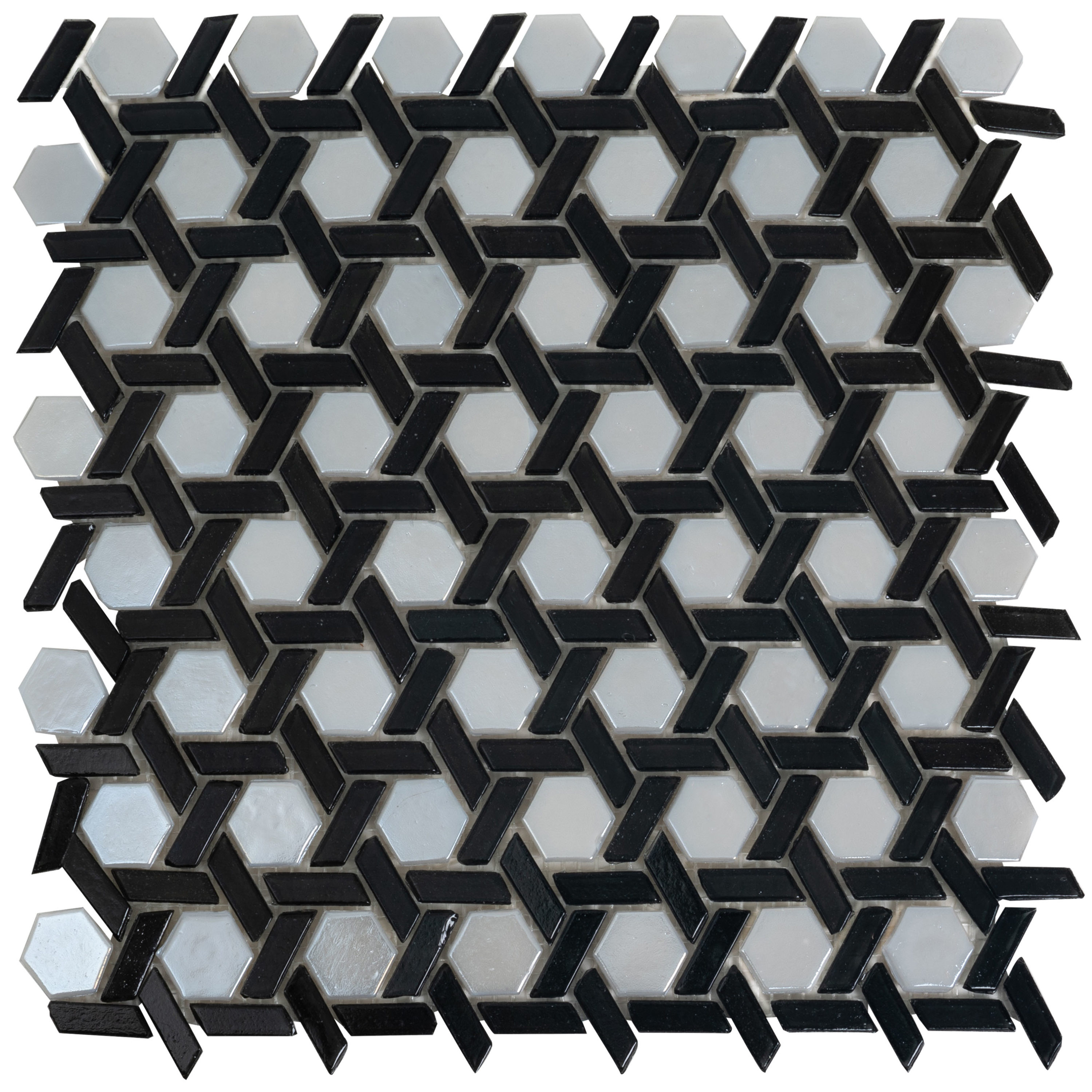 Apollo Tile APLAHX8823A Majeste Black and White 12-in x 12-in Glossy Glass Patterned Hexagon Mosaic Floor and Wall Tile (9.67-sq. ft/ Carton)