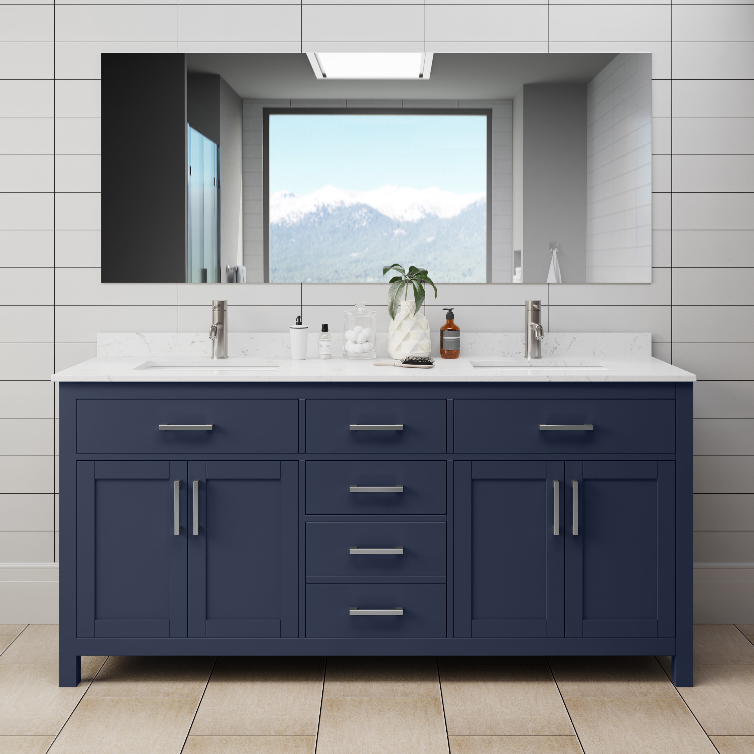 Wyndham Collection WCG242472DBNCCUNSMXX Beckett 72-in Dark Blue with Brushed Nickel Trim Undermount Double sink Bathroom Vanity with Carrara Cultured Marble Cultured marble Top