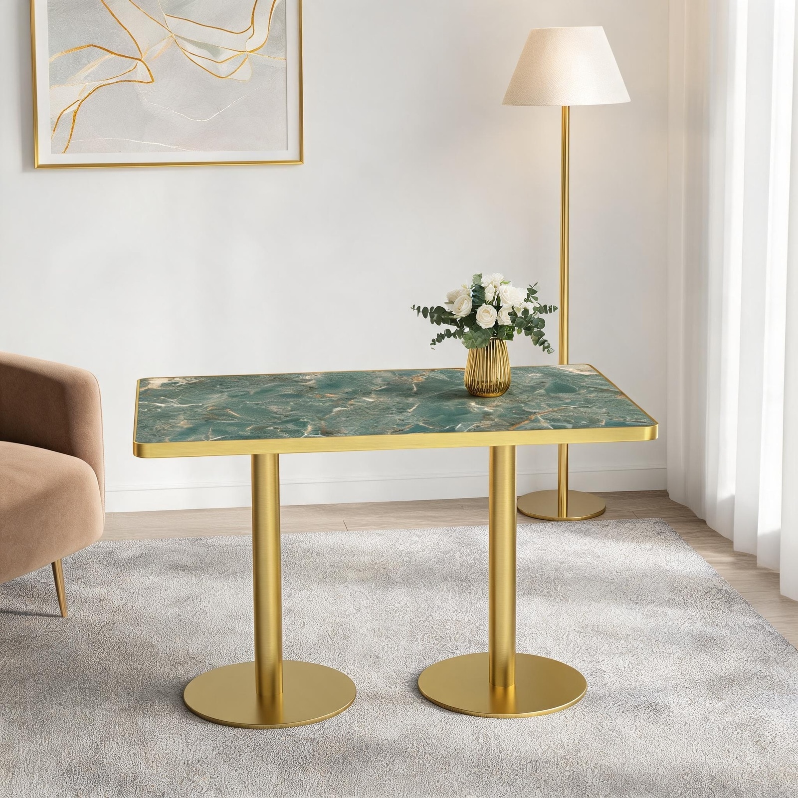 Horizons Prime 47 inch Green Sintered Stone Tulip Dining Table with Faux Marble Print and Stainless Steel Base for 4 to 6 People