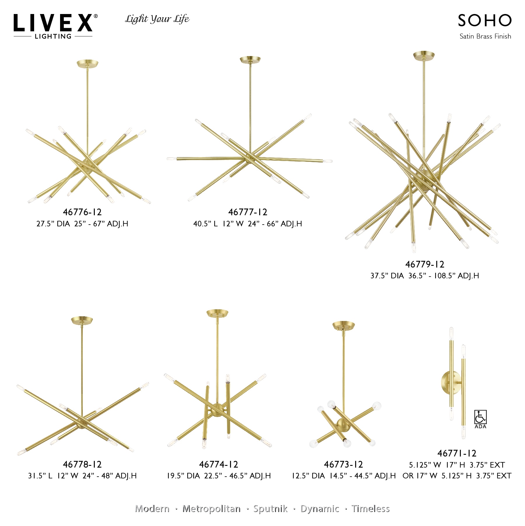 Soho Satin Brass 10-Light Sputnik Linear Chandelier