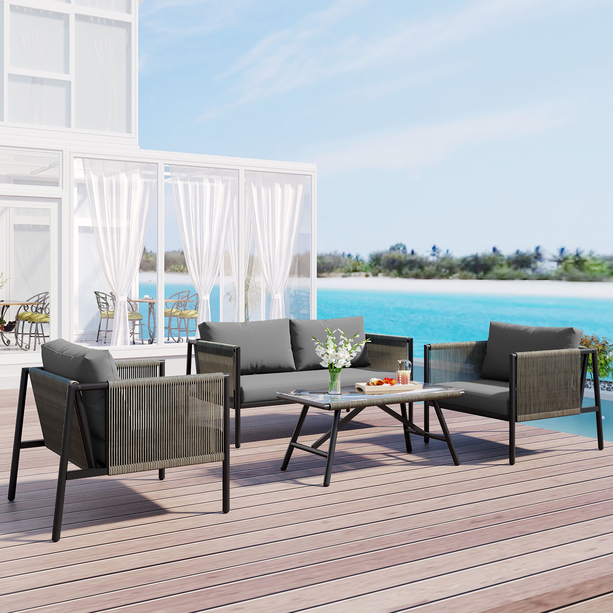 Forclover AL-040GR 4 -Piece Patio Conversation Set with Gray Cushions
