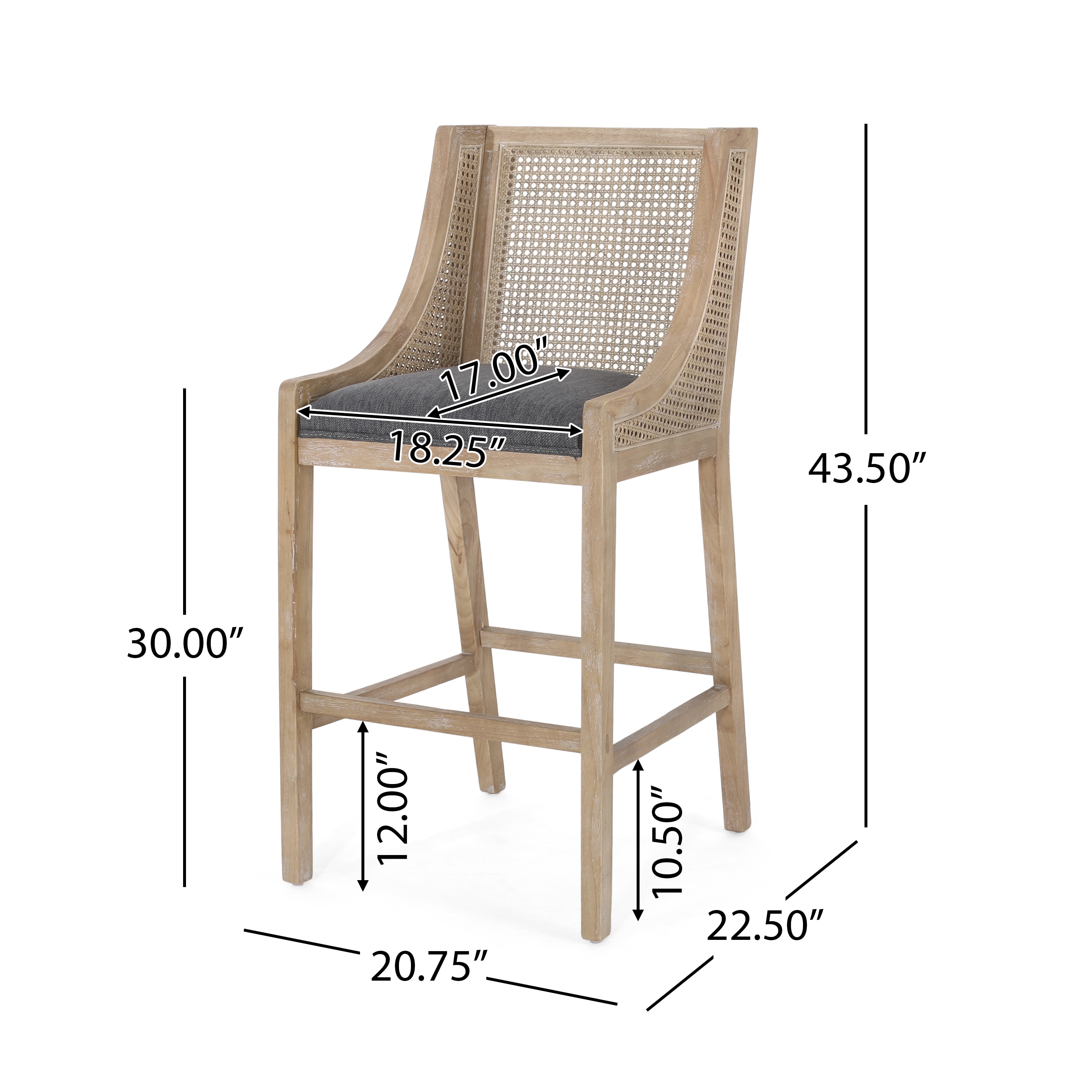 Charcoal and Natural Wood Cane Back 30" Barstools, Set of 2