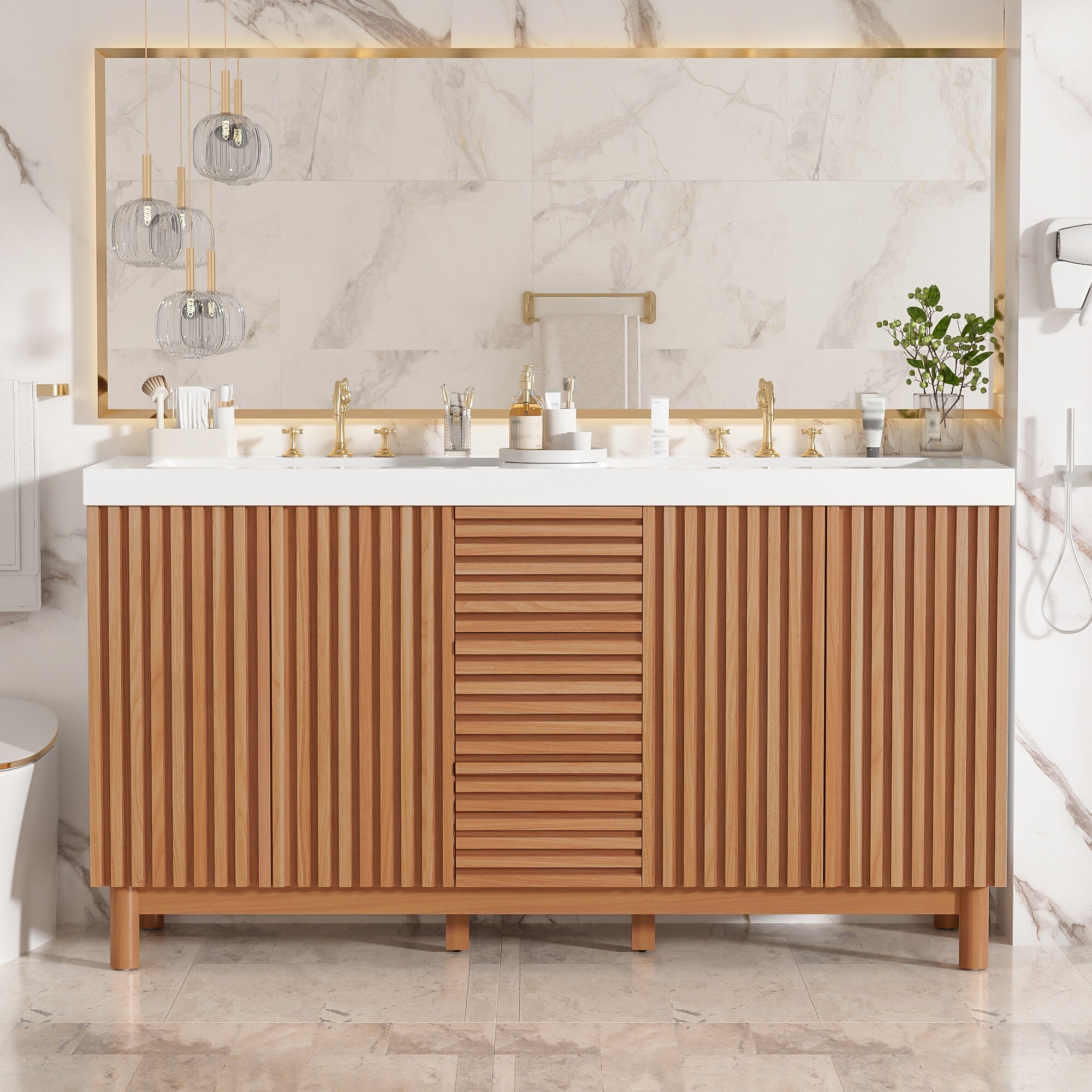 HyperDrop Cart 59-in W SMC Resin Double Sink Basin and MDF Bathroom Vanity Cabinet with Soft-Close Hinges
