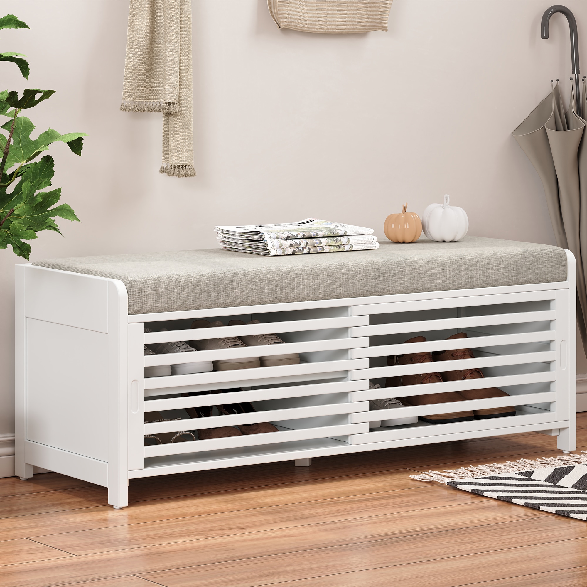ModernLuxe N715P196968K Shoe Bench with Storage and Cushion Distressed Shutter Storage Bench with Retro Charm for Living Room Entryway White