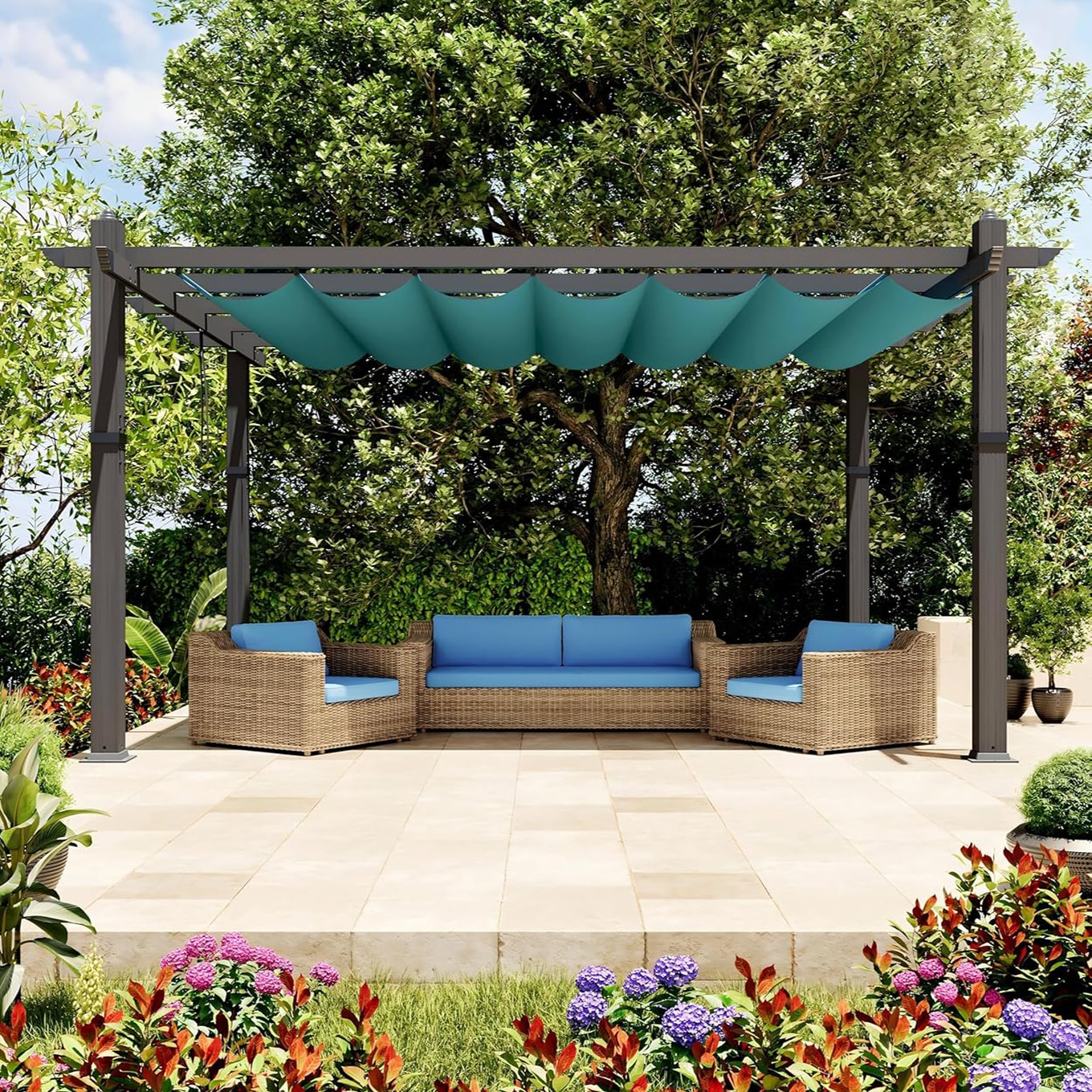 Garvee OYF-PHO-335EXVNV 10x13 Ft Outdoor Pergola Metal Gazebo with Retractable Canopy for Backyard Deck Patio Porch Grape Trellis Blue