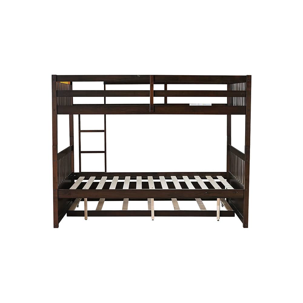 JUJABU EB410-19 Espresso  Full Over Full Rubber Wood Bunk Bed with Trundle Ladder and Guardrails with Twin Size Trundle