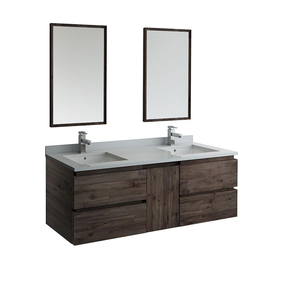 Elegant 60" Dual Sink Brown Quartz Wall-Mount Vanity Set