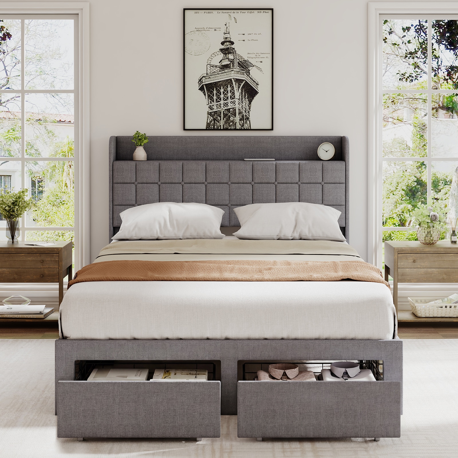 Sweetcrispy - Full Gray Upholstered Platform Bed Frame with 2 Storage Drawers and Fabric Headboard