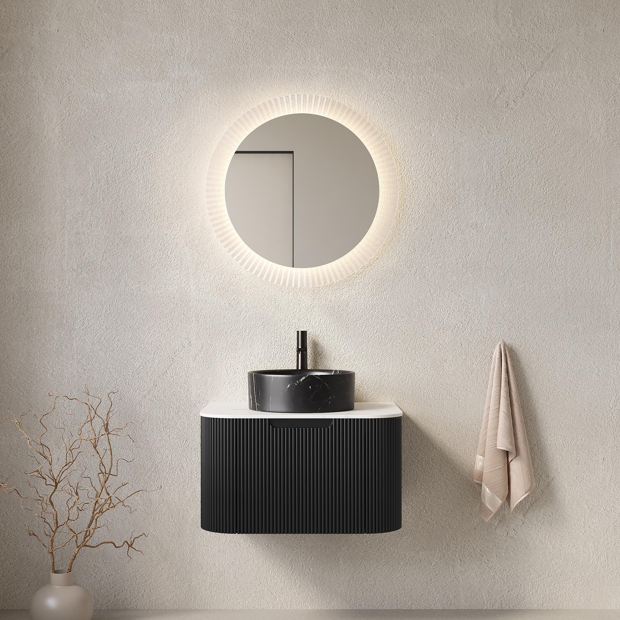 LOVMOR  Carrara White 24-inch Plywood Single Sink Bathroom Vanity Black Sintered Stone Wall-Mounted Fully Assembled