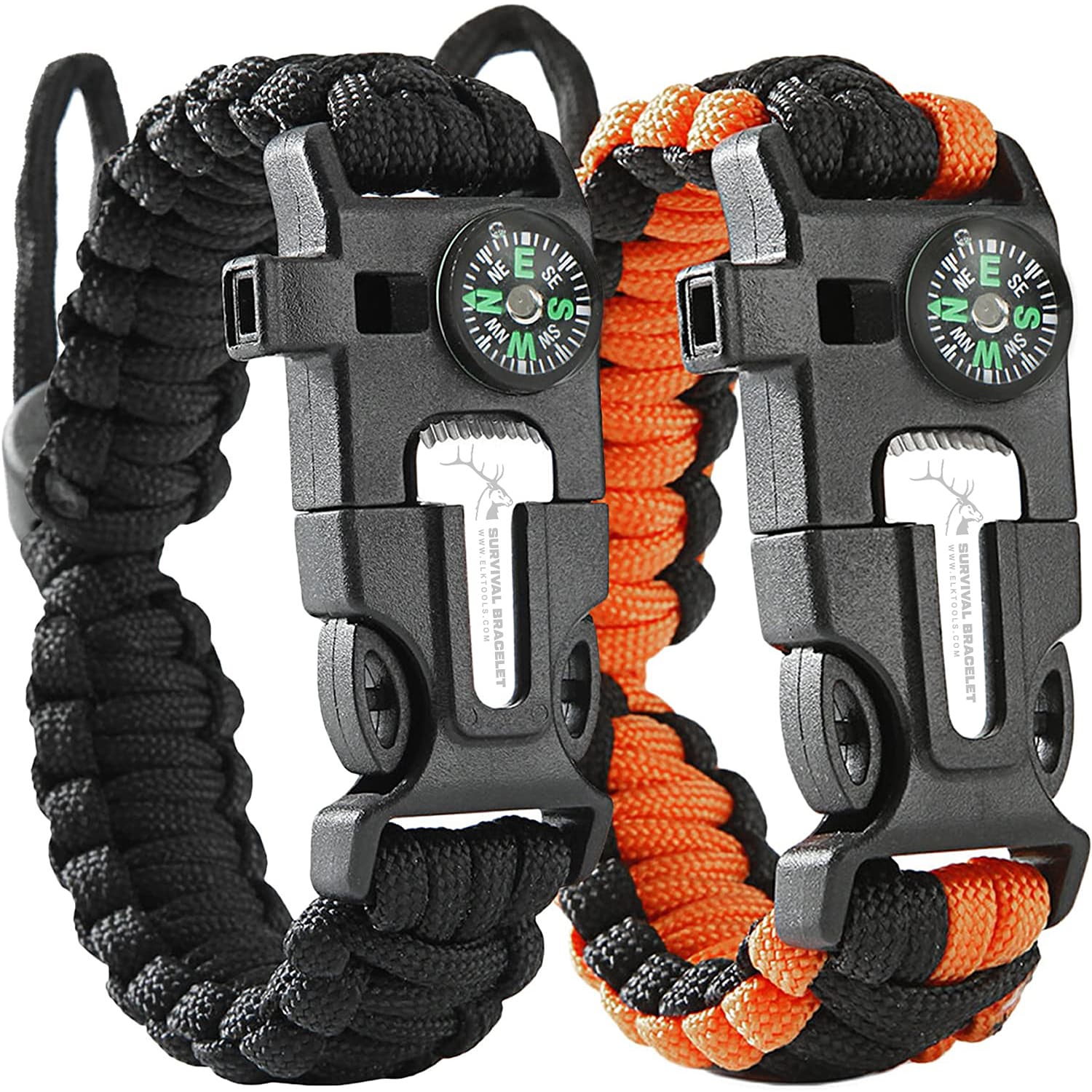 2-Pack Elk Paracord Survival Bracelets - Loud Whistle, Knife and Fire Starter