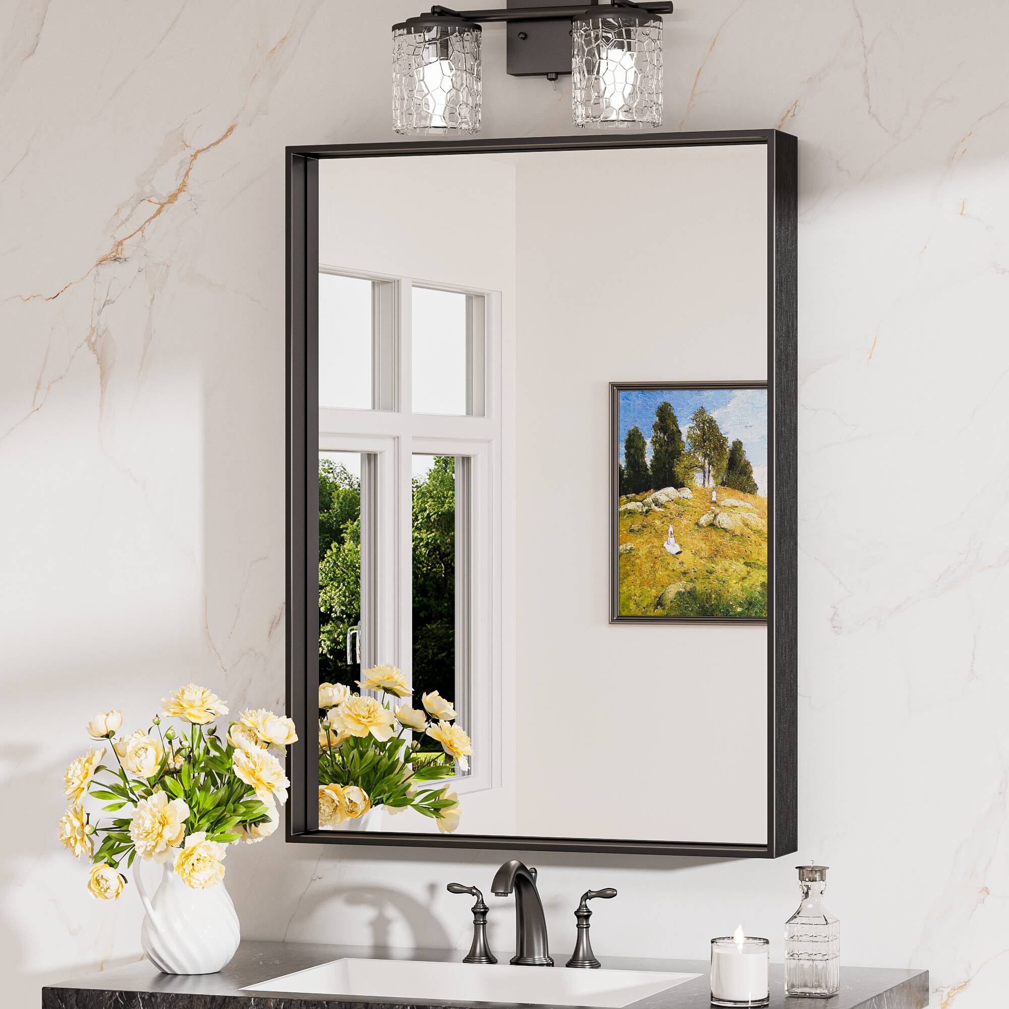 Keonjinn LW-JZ-JSKFJ-5576BK Bathroom Mirrors 22-in W x 30-in H Rectangle Matte Black Framed Wall Mirror