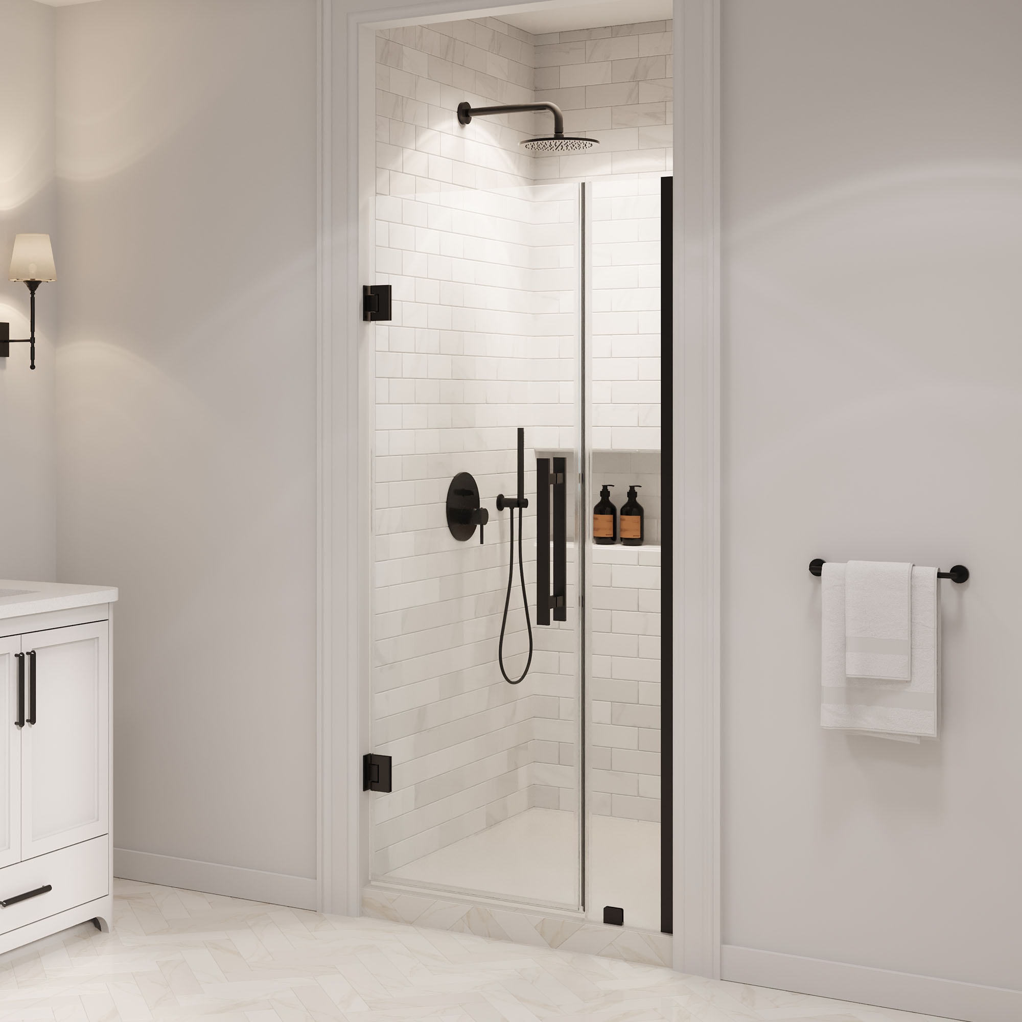 OVE Decors 15SGP-PANA35-BLK Panama Matte Black 33-7/8-in to 35-1/16-in W x 72.01-in H Frameless Clear Glass Pivot Shower door