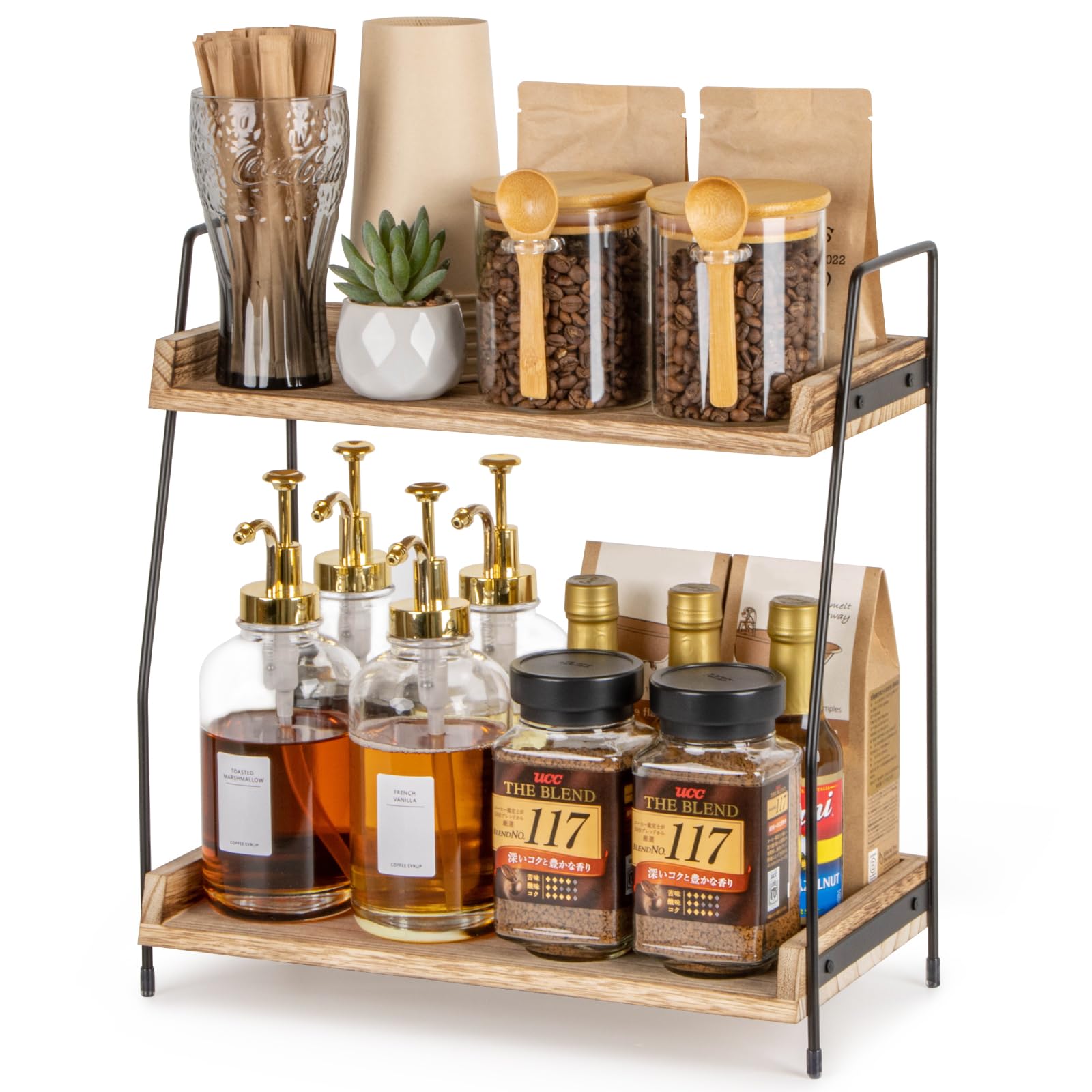 Etokfoks  2 Tier Wooden Iron Coffee Station Organizer Shelf 13.8x6.4 Top 13.8x7.6 Bottom for Coffee Bar Kitchen Office Condiment Storage 1 Piece