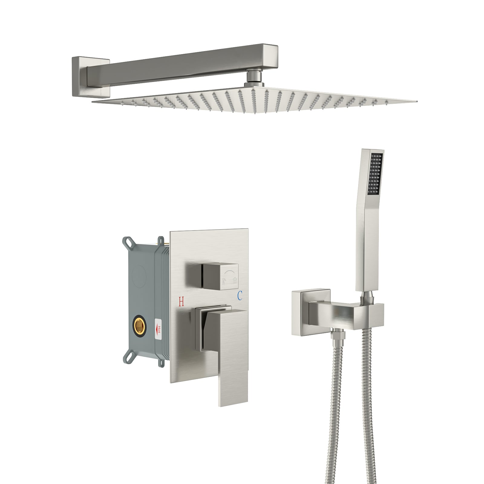 Lordear - Wall Mounted Hand Shower Head System Brushed Nickel 10-in Rainfall Dual Head Built-In S...