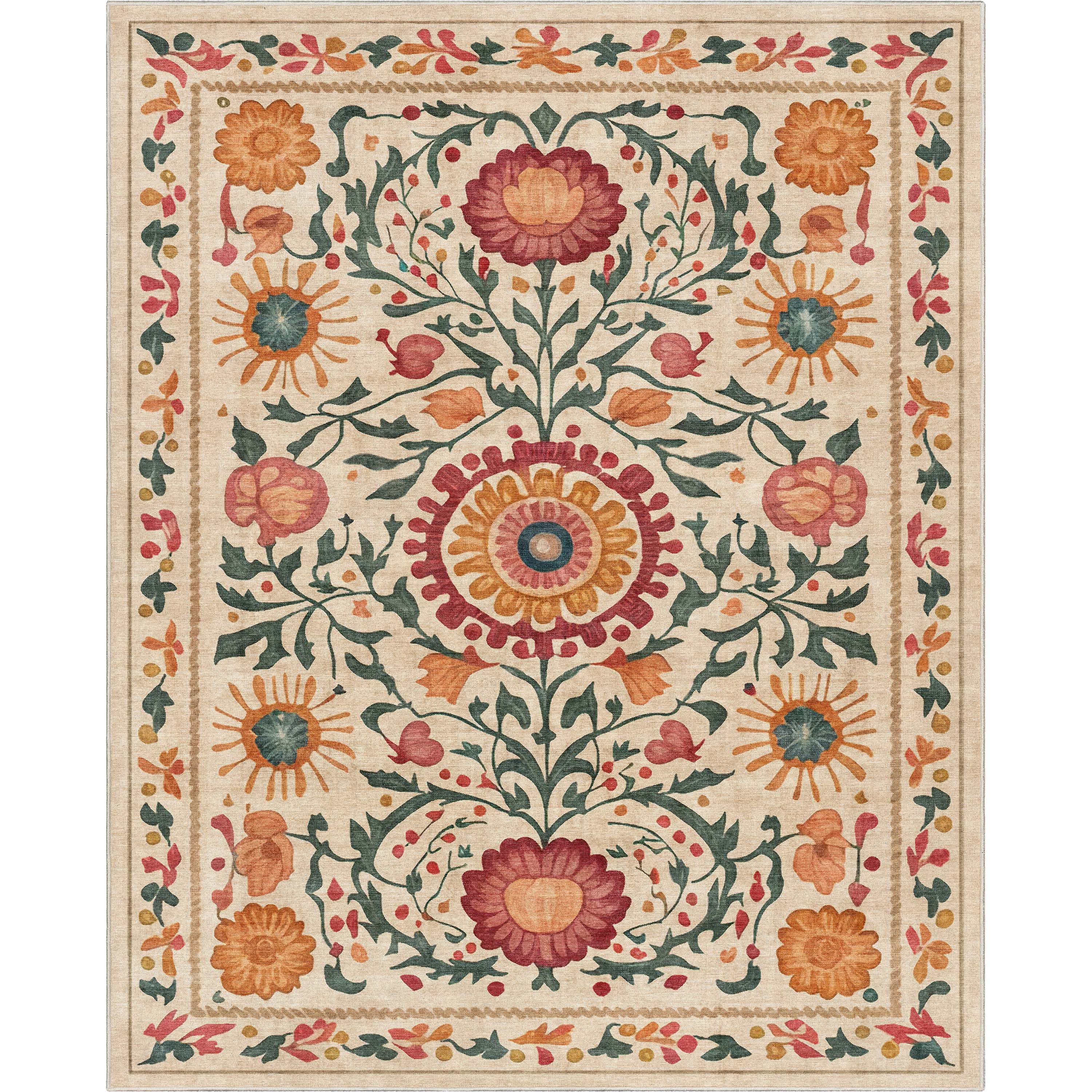 Apollo Suzani Beige and Red Floral Flat-Weave Area Rug