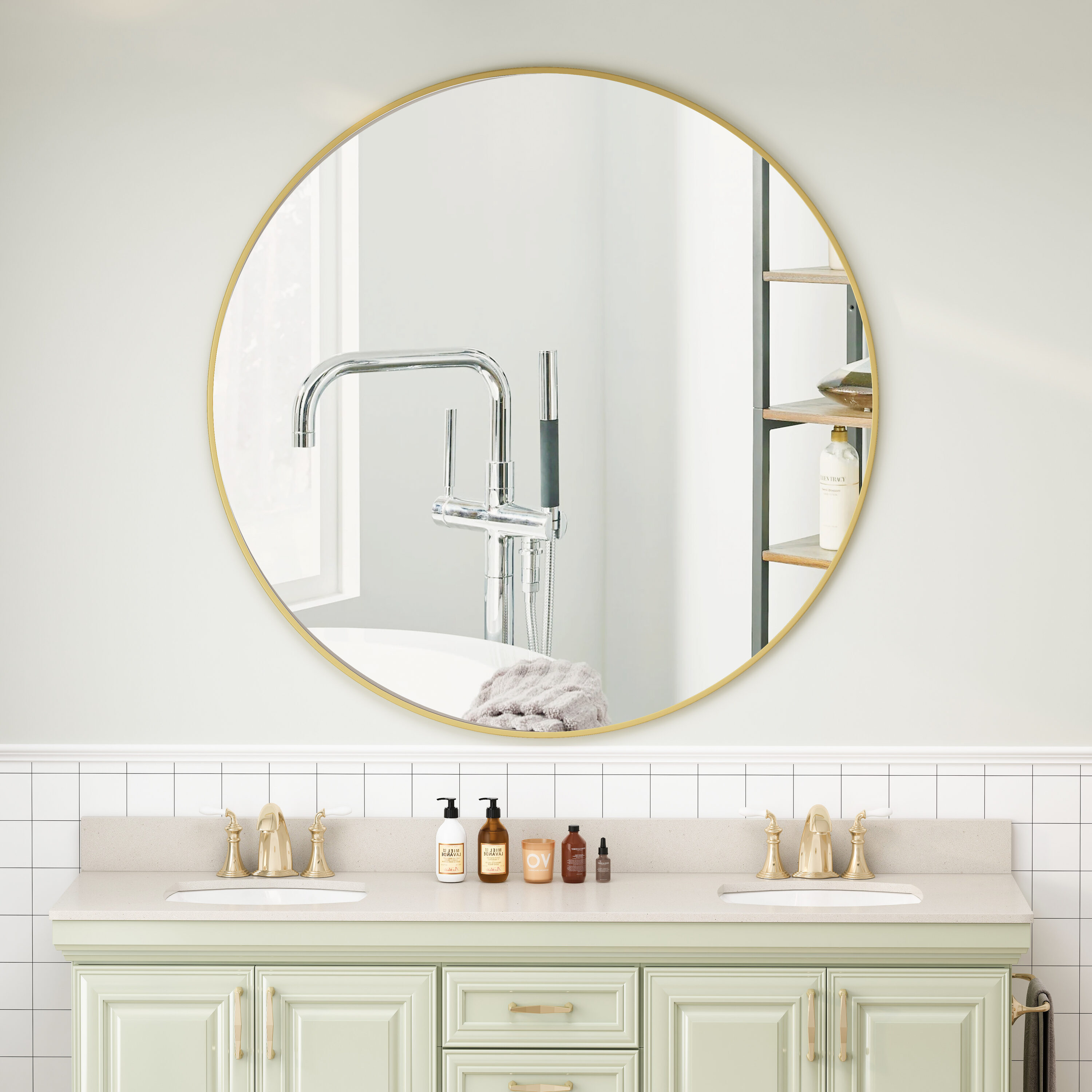 FAVSH Wall Mirror 42 Inch Gold Circular Mirror Metal Framed Mirror Round Vanity Mirror Dressing Mirror for Bathroom Living Room Bedroom Wall Decor