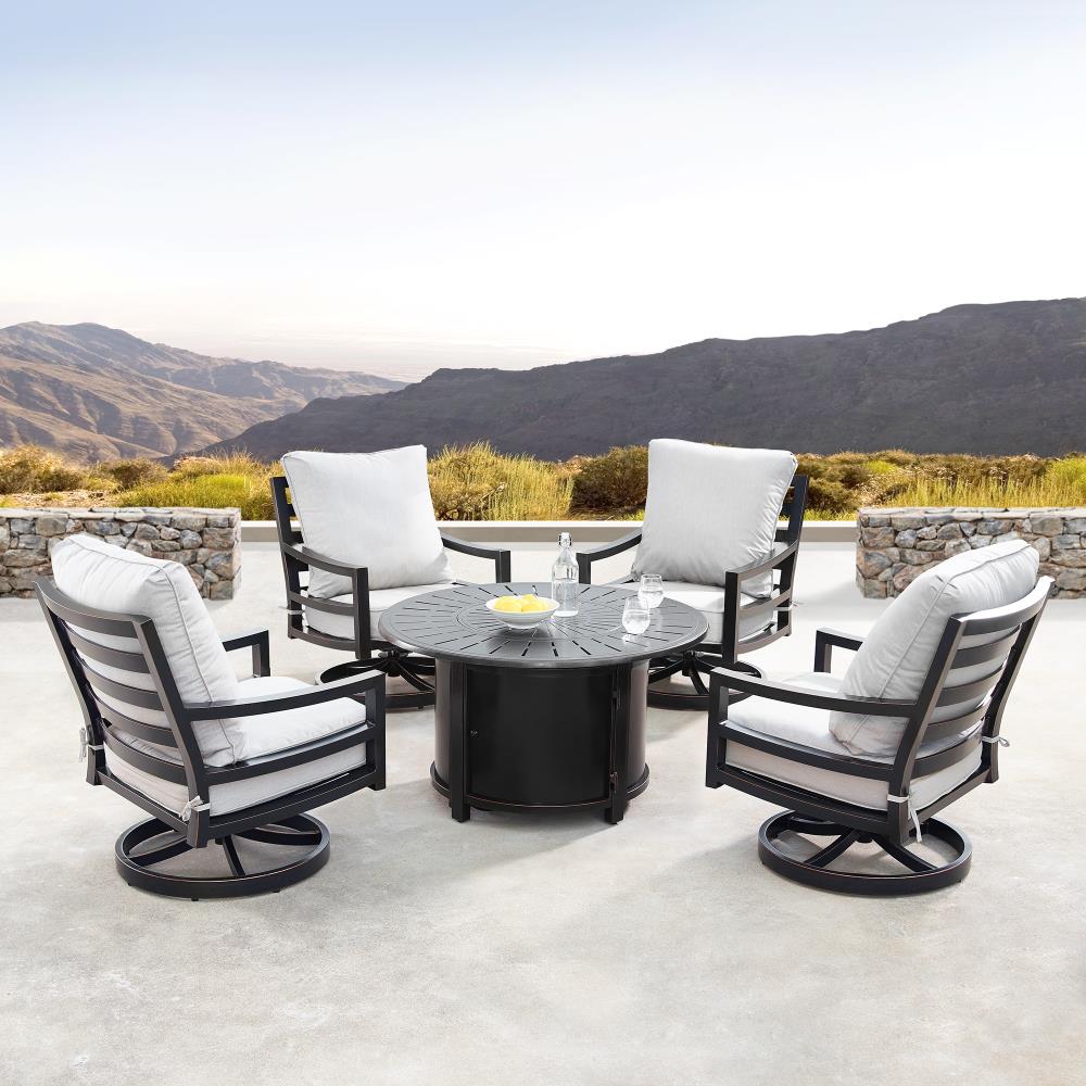 fire pit table and swivel chairs