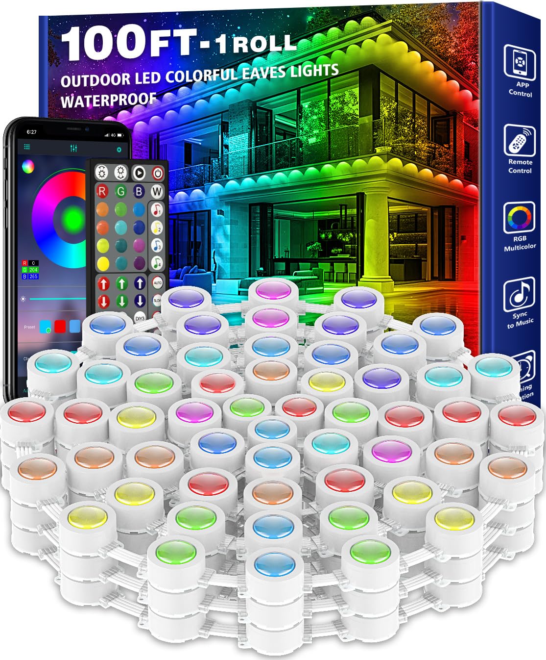 Oyezvary 100 Foot Permanent Outdoor RGB Lights Waterproof Smart LED Eaves Lights with App Remote Control for Holiday Decor and Accent Lighting