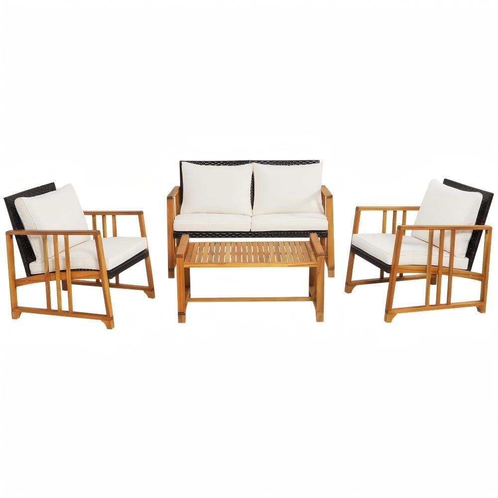 Forclover HYFE-70819WH 4 Pieces Patio Rattan Conversation Set with Seat and Back Cushions-Off White