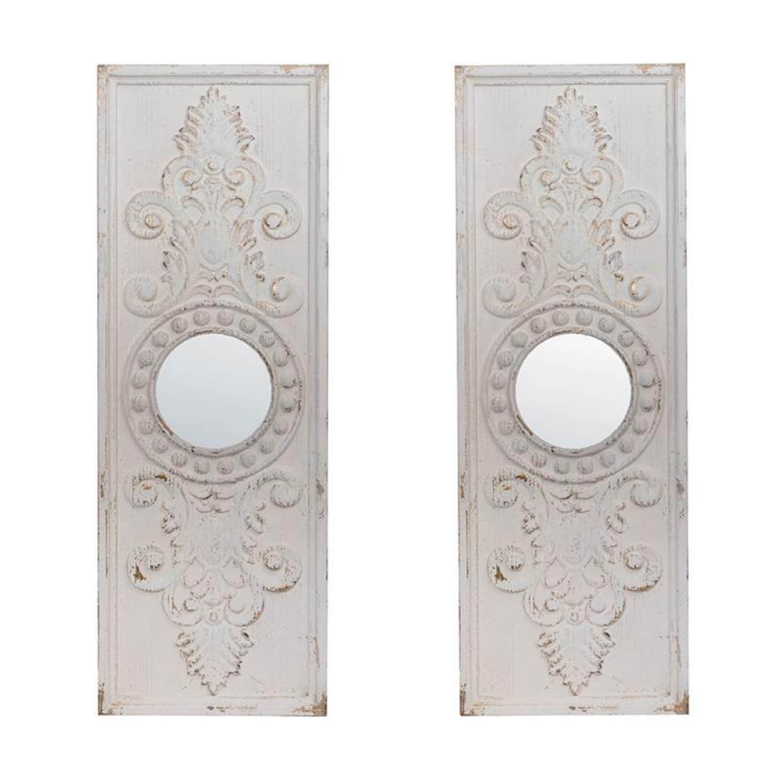 GlasFlength  48x17-Inch Wall Art Panels with Distressed White Finish and Round Mirror Accents for Living Room Bedroom Hallway Farmhouse Decor 2-Pack White