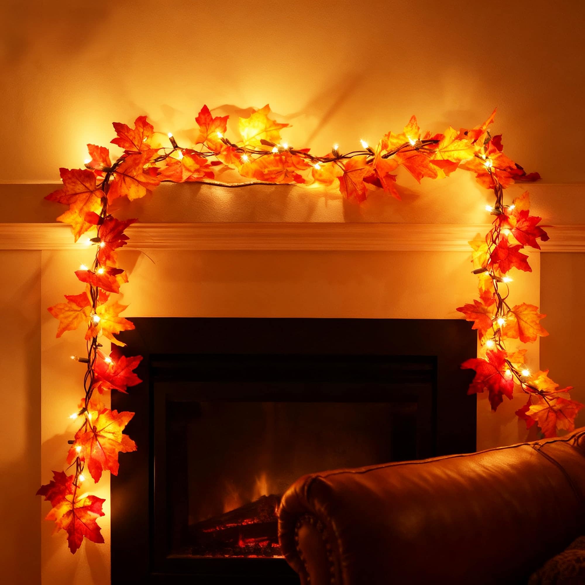 UUDULY  Fall Leaf Garland with Lights Plug in String Lights 12ft 50 Bulbs Indoor Outdoor Festival Lighting Decoration durable