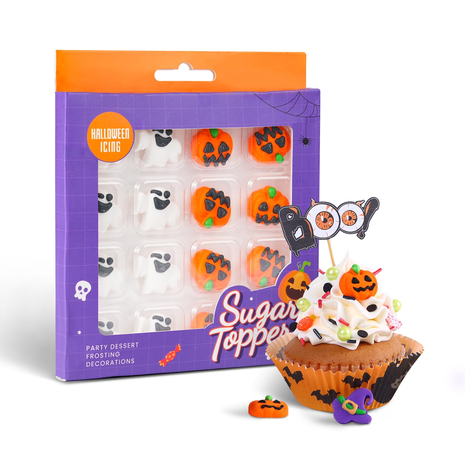 Afoxsos  16 Pcs Edible Halloween Cupcake Toppers 8 Pumpkin Toppers 8 Ghost Cake Decorations for Cookies Cupcakes Macarons and Ice Cream