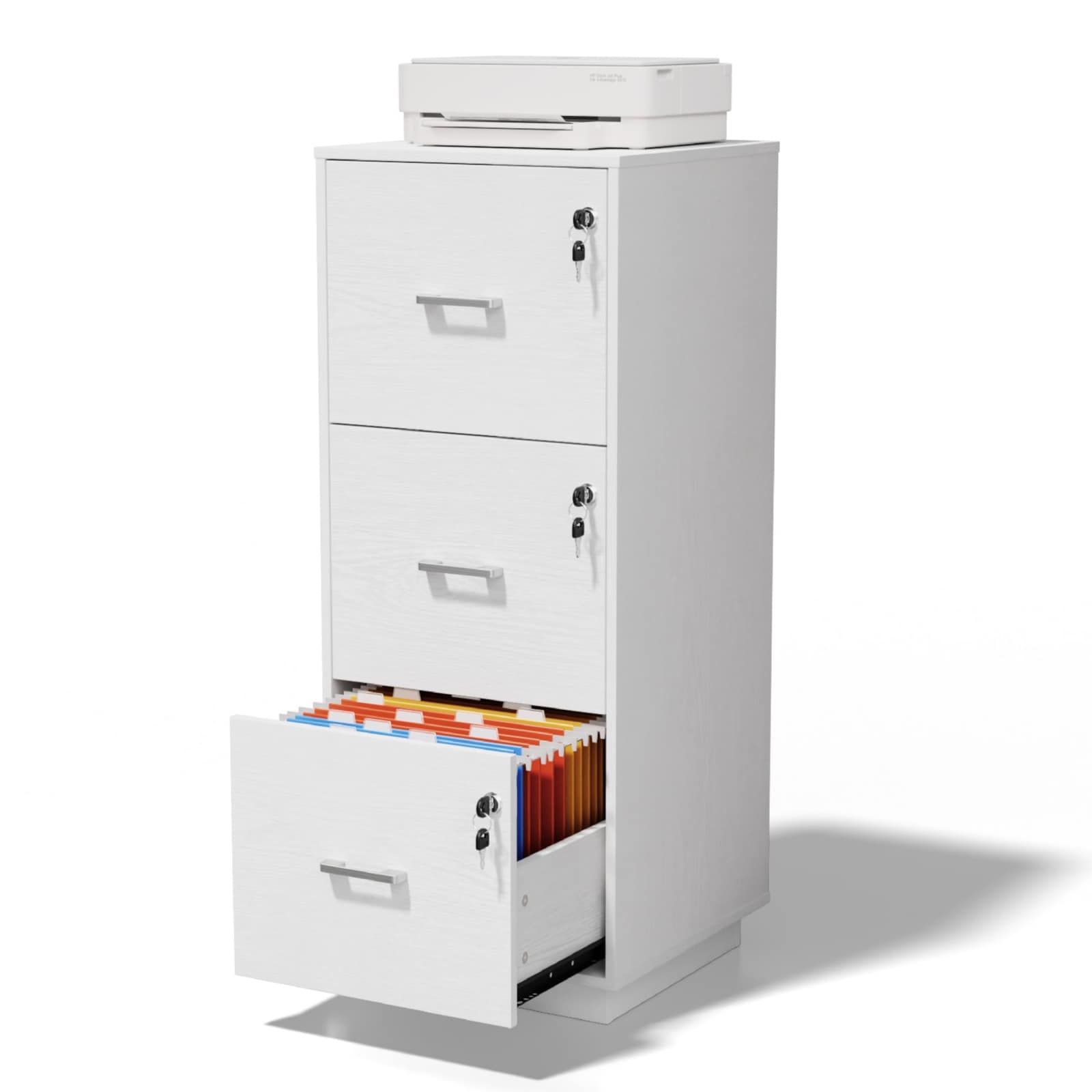 15.3W x 38.6H 3-Drawer Vertical File Cabinet with Lock for Letter Size File Folder Storage/Wood Tall Vertical Filing Cabinet/Printer Stand White