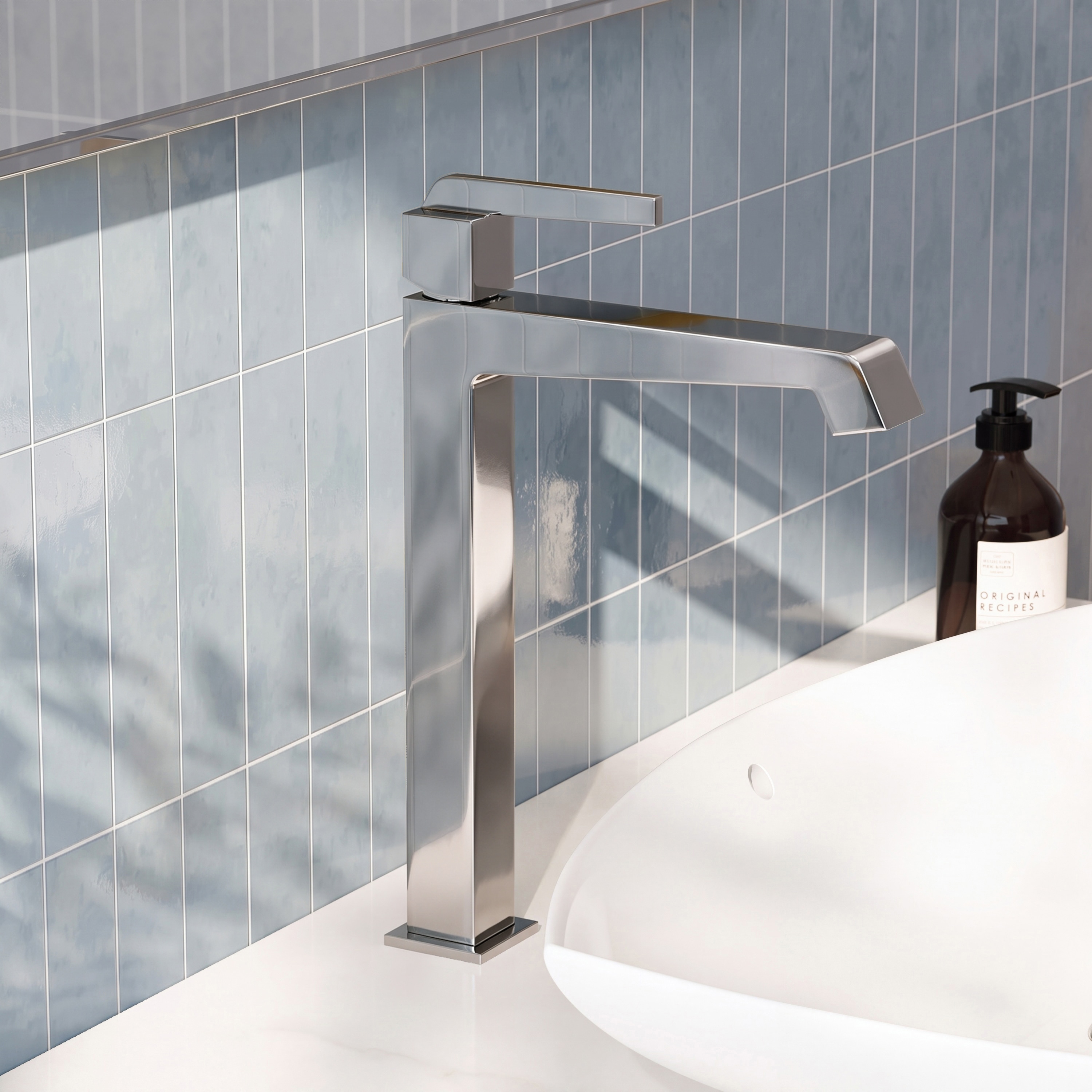EVERSTEIN Architectural Vessel Single Hole Bathroom Sink Faucet Tall Single Handle One-Piece Solid Brass PVD Finish with Pop-Up Drain and Supply Lines in Chrome 1.2 GPM
