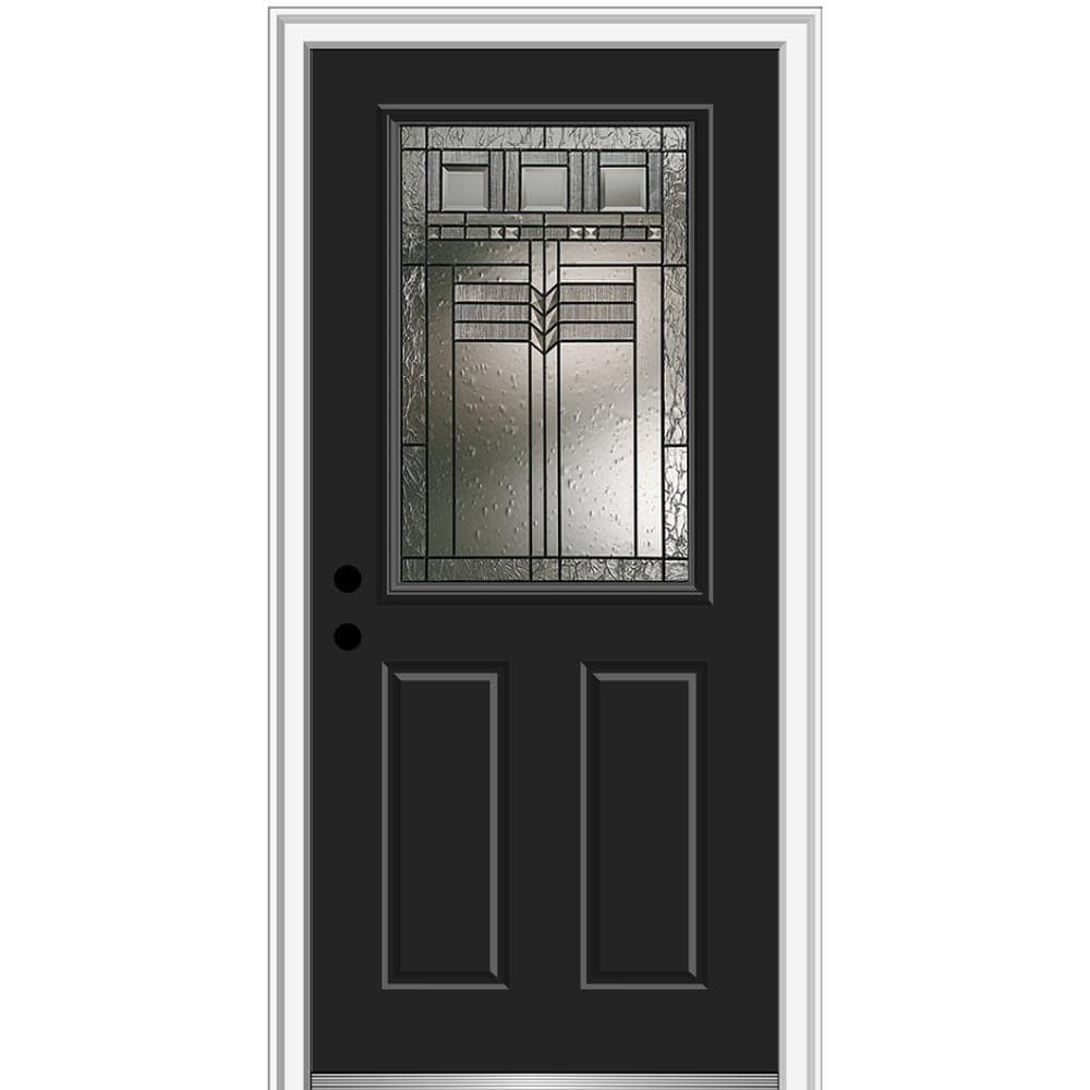 MMI DOOR ZZ3664087R 32-in x 80-in x 4-9/16-in Fiberglass Half lite Right-hand inswing Black Painted Prehung Front Door with Brickmould Insulating core