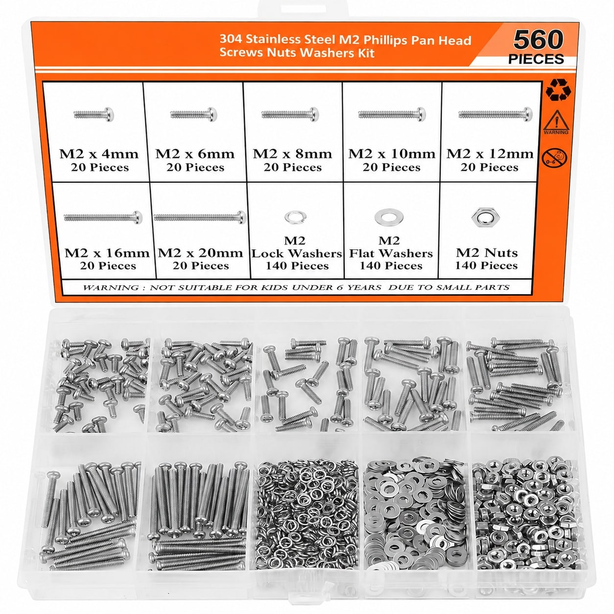UUDULY  560 Pieces M2 x 4mm 6mm 8mm 10mm 12mm 16mm 20mm Phillips Pan Head Machine Screws Metric Bolts Washers Nuts Kit 304 Stainless Steel