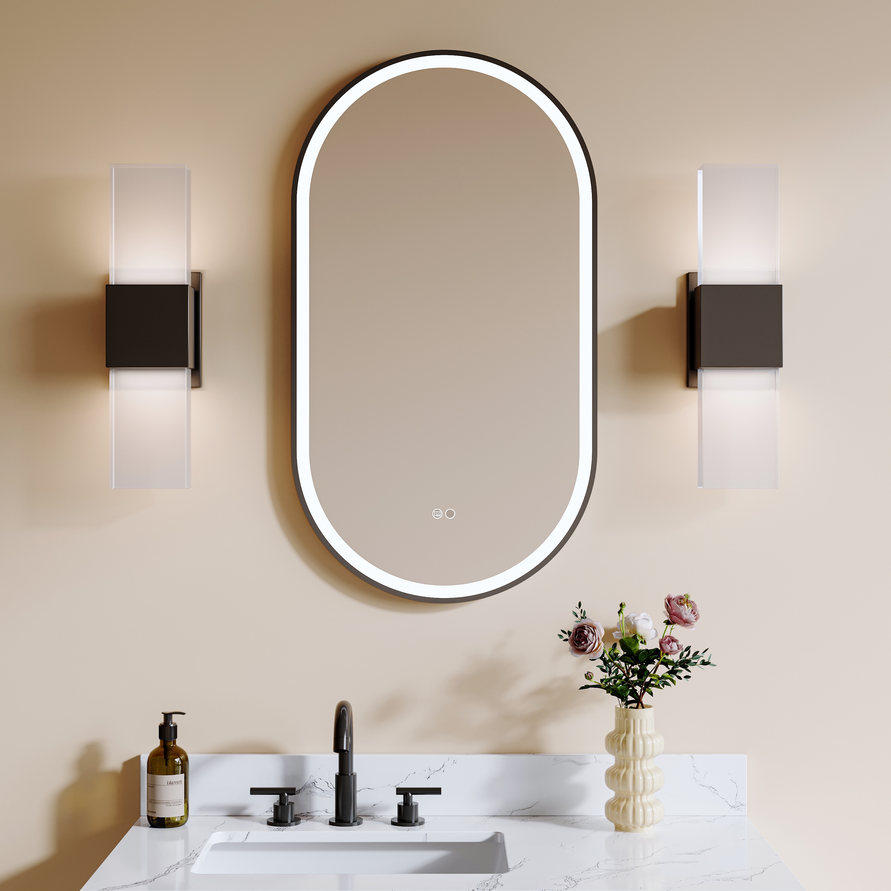 CALVON RC9-OR2036MB Vanity Mirror 20-in x 36-in Framed Oval Dimmable LED Lighted Fog Free Bathroom Vanity Mirror ( Black )