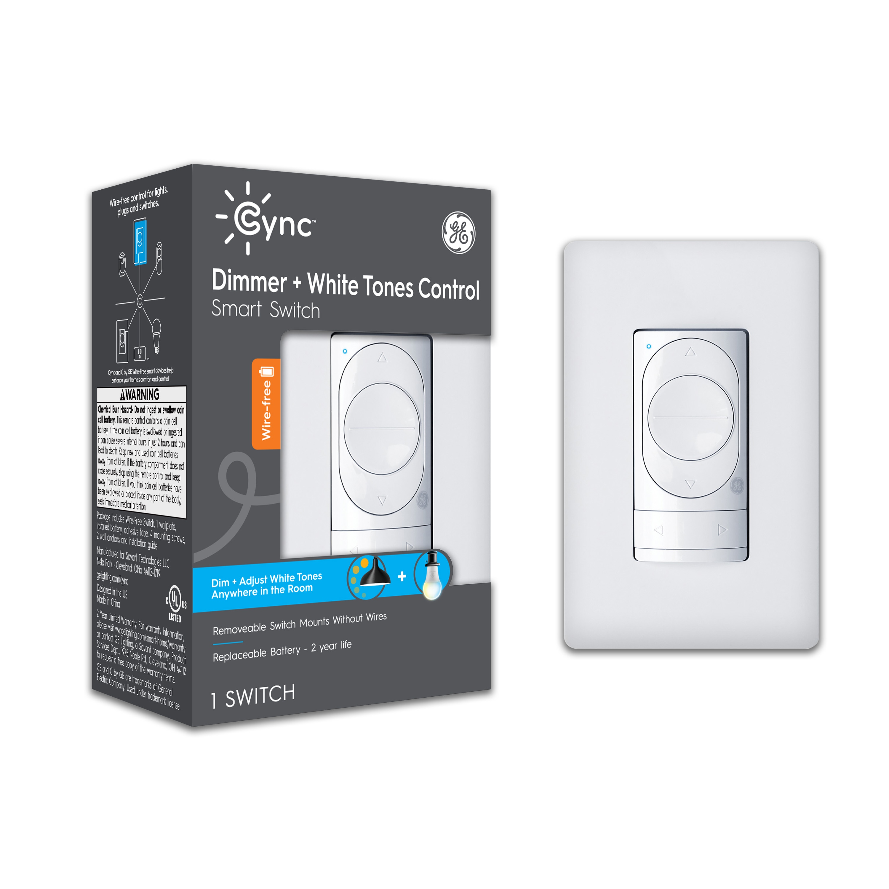 GE Cync Smart Cync Wire-Free Dimmer + White Tones Control White Smart  Remote Control