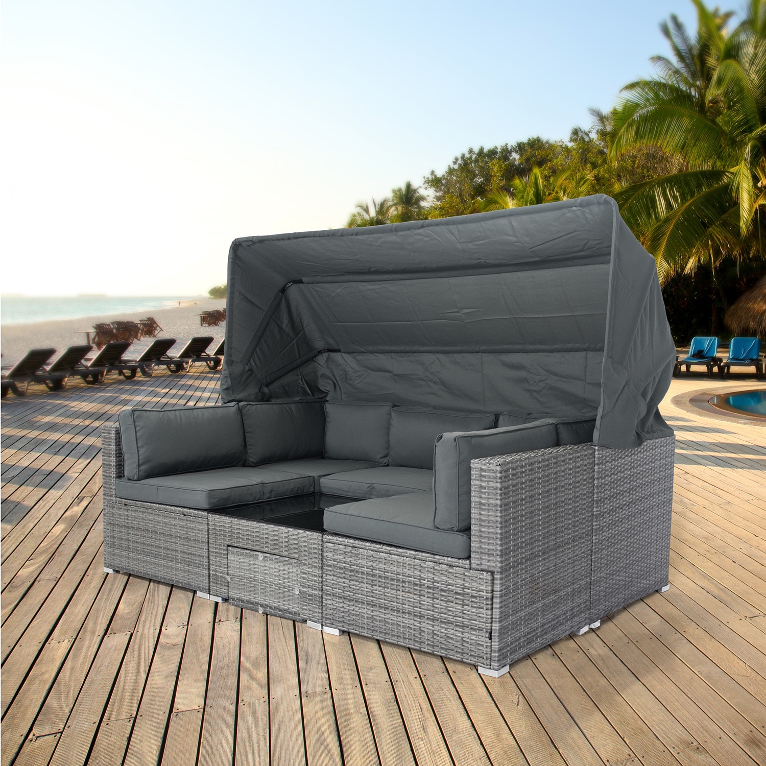 SINOFURN Rattan Outdoor Daybed with Gray Cushion(S) and Rattan Frame at ...