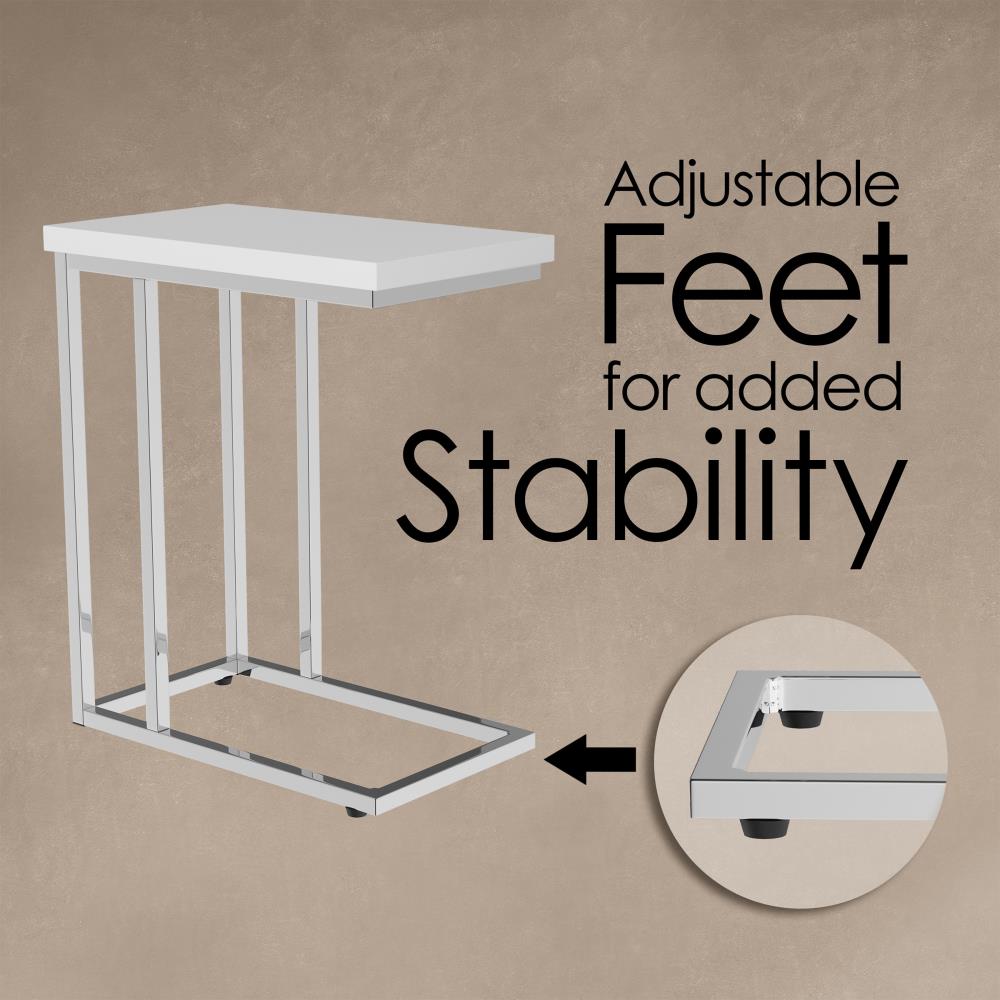 White Glossy Wood and Chrome C-Shaped Sofa Side Table