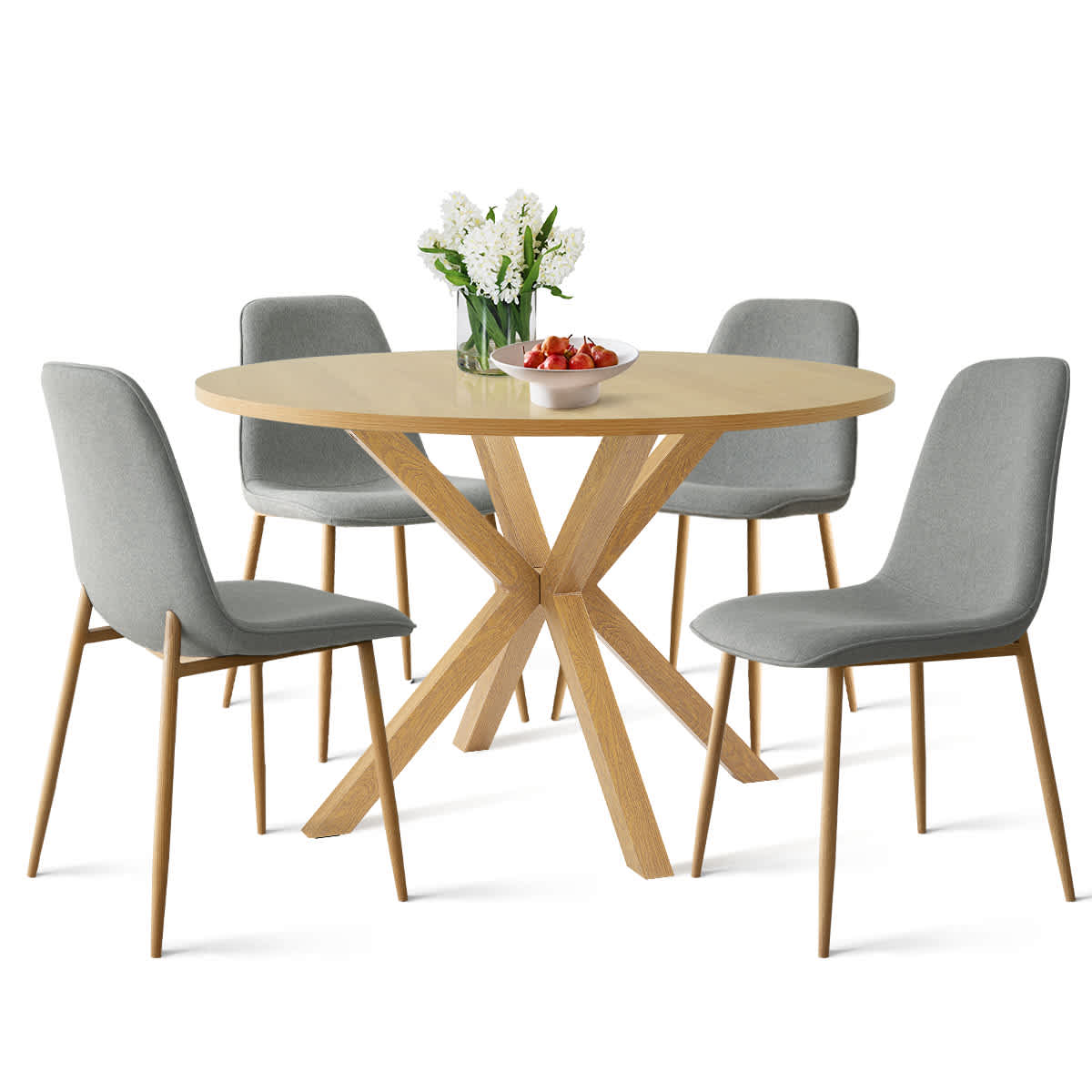 Maison Boucle OLIVER-WD+OSLO-GRY4 5 Piece Round Dining Table Set with Wood Grain Table and Gray Linen Chairs for Modern Dining Rooms