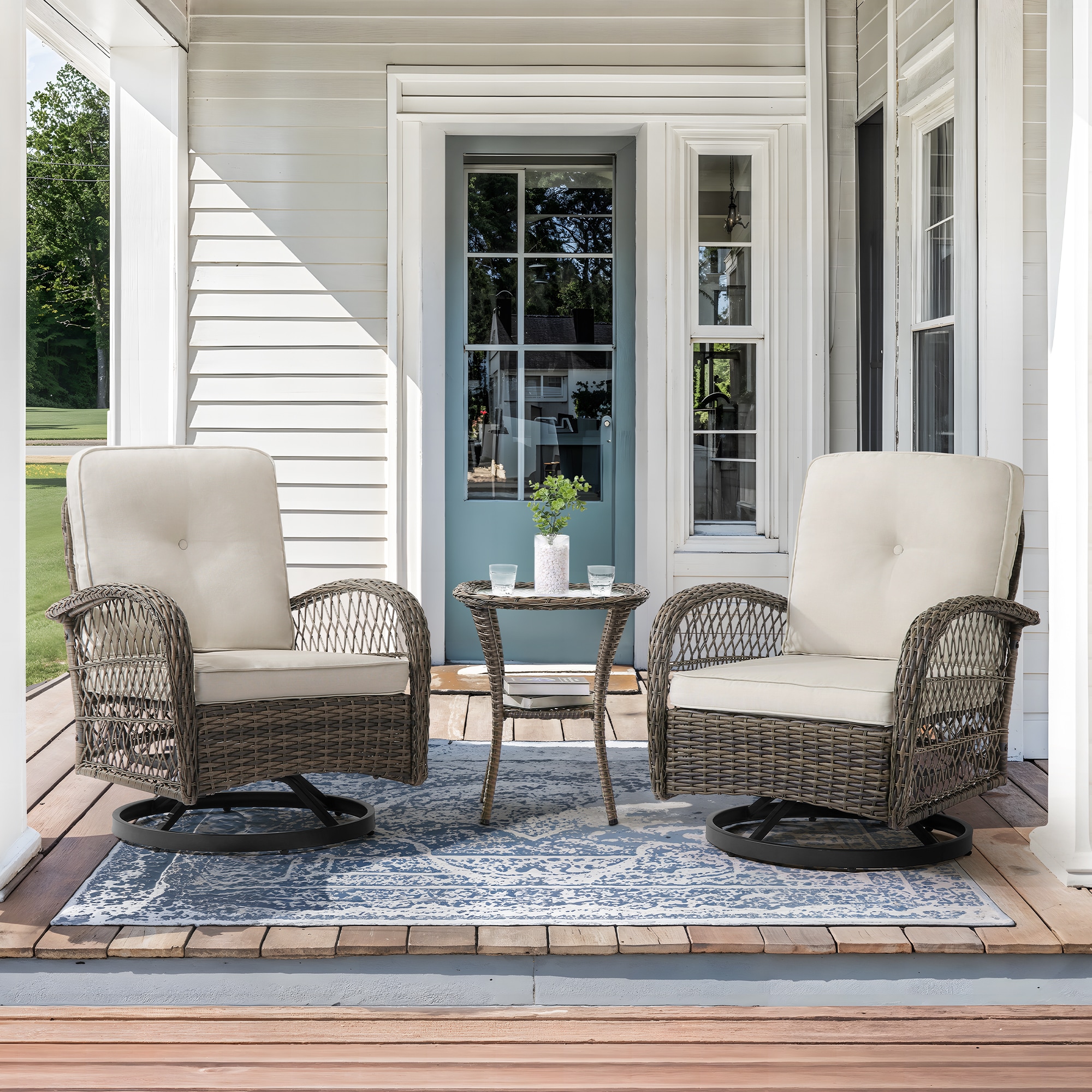 Yurevna JS-001-03LS 3 -Piece Rattan Patio Conversation Set with Beige Cushions