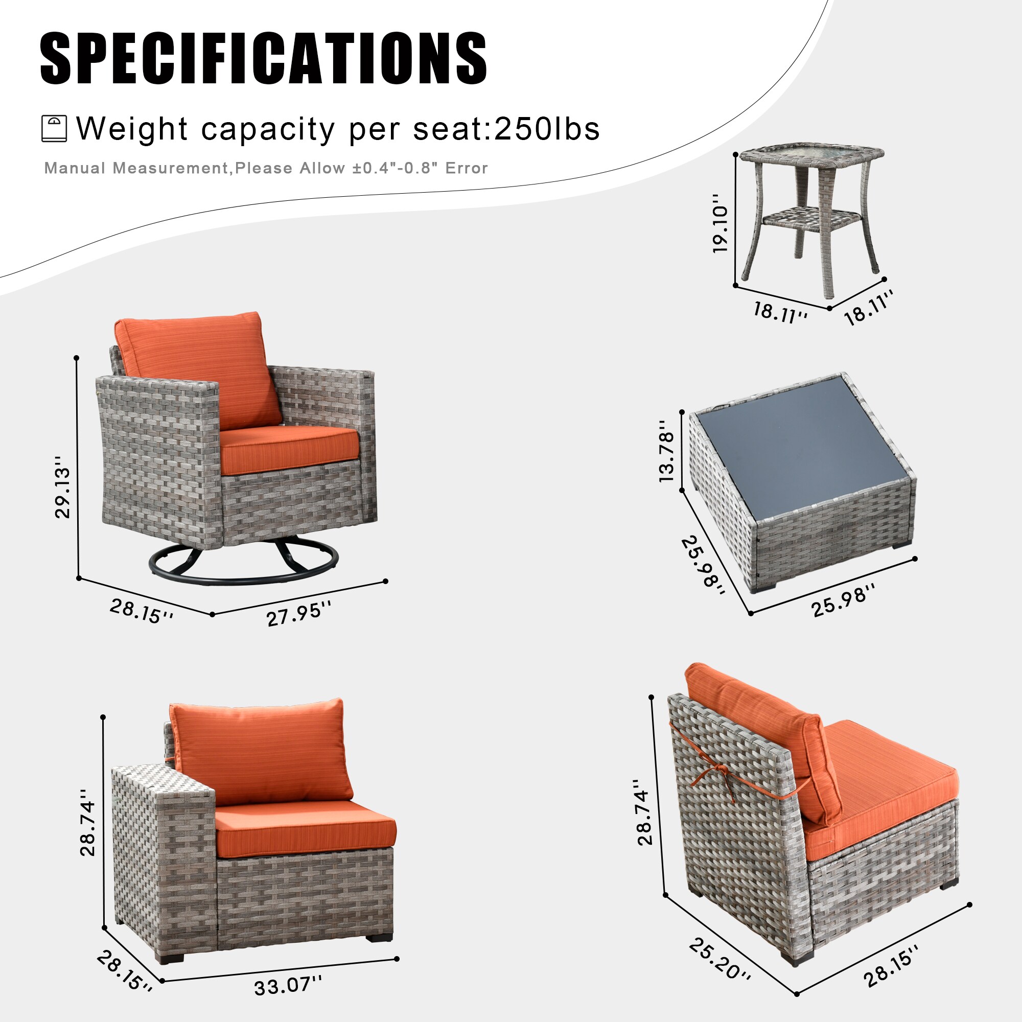 Pouuin 4-Piece Rattan Patio Conversation Set with Orange Cushions in ...