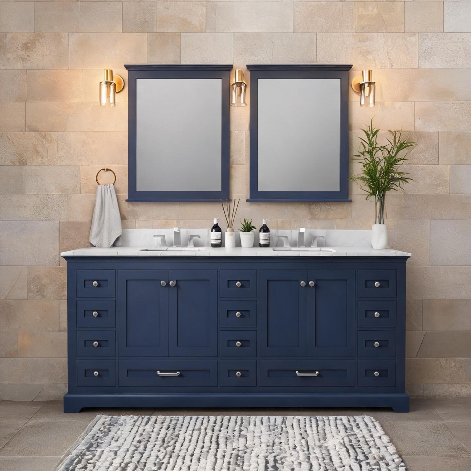 Naturefalls 84-Inch Double Bath Vanity with Classic Blue Cabinet Carrara Marble Top and Faucet Set