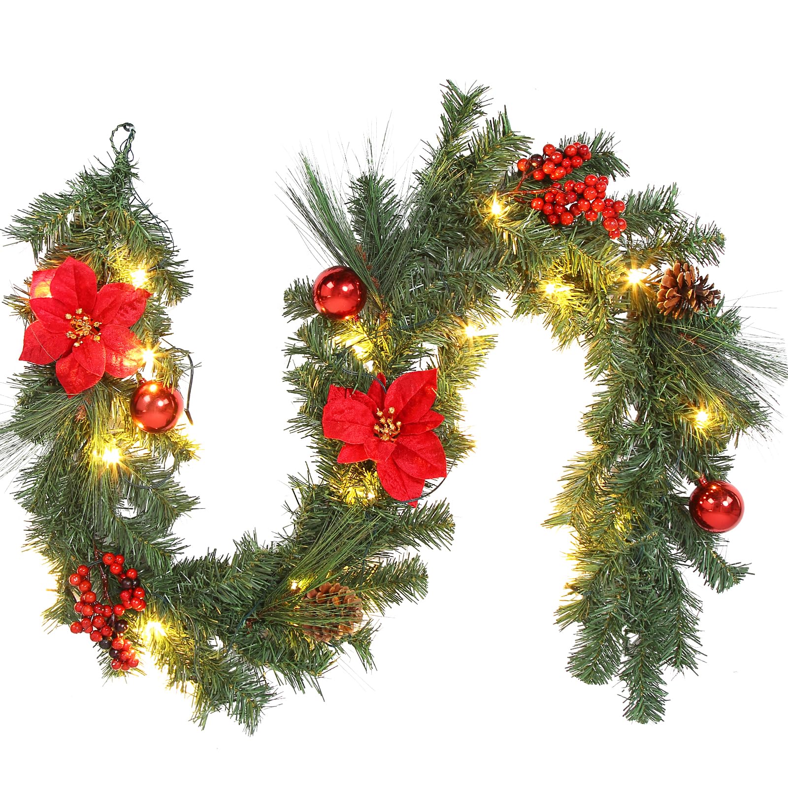 Aoile 6ft Christmas Garland for Mantle Battery Operated Poinsettia Garland with 20 LED Lights Ball Ornaments 8 Modes Prelit Xmas Garlands for Fireplace Stair Railing Decoration Red