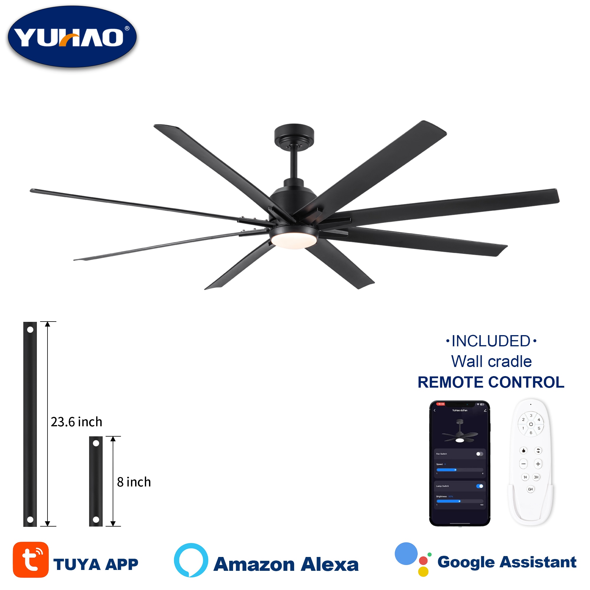 YUHAO LSDC1109BKA722 Bretter 72-in Color-Changing Integrated LED Smart Black with Matte Blades Ceiling Fan With Light and Remote ( 8 -Blade )