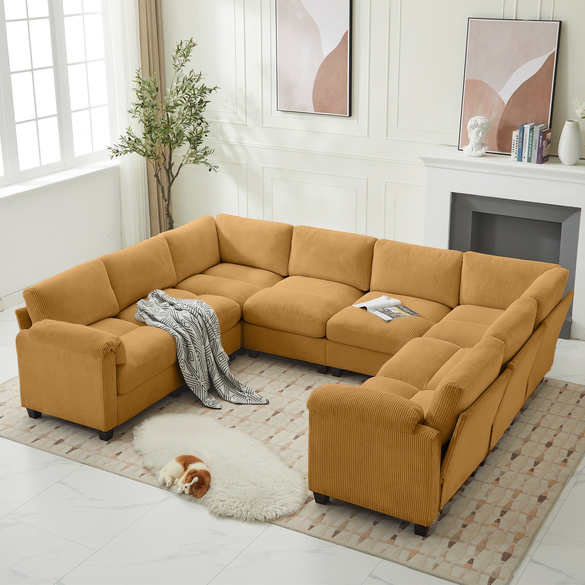 Serwall 8-Seat U-shaped Symmetrical Corduroy Modular Sectional Corner Sofa for Large Living Room Family Gatherings
