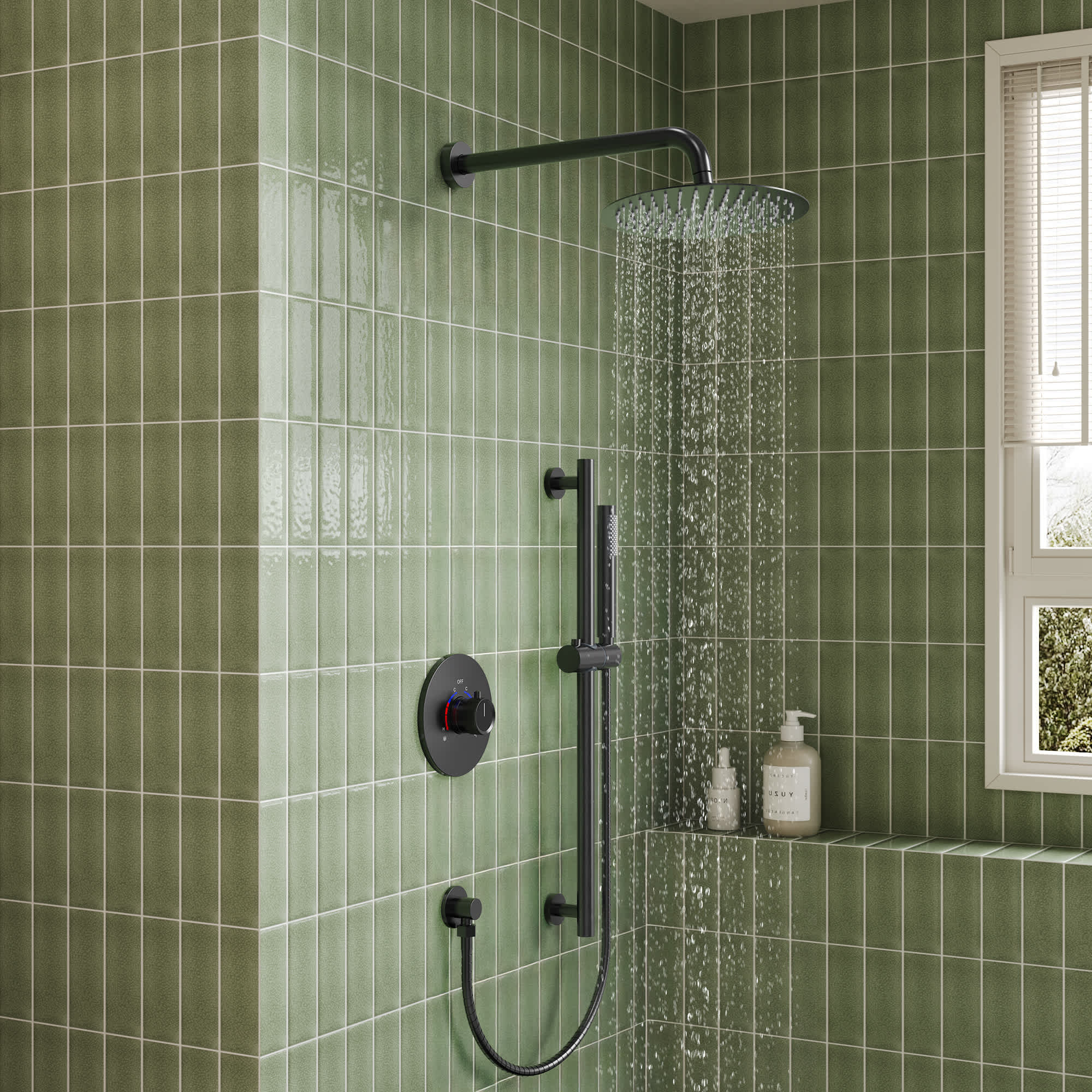 EVERSTEIN SFS-1013-BK10 Wall Mount Pressure-Balanced Shower System with 10-in Rainfall Shower Head and Slider Bar Handheld Spray in Black