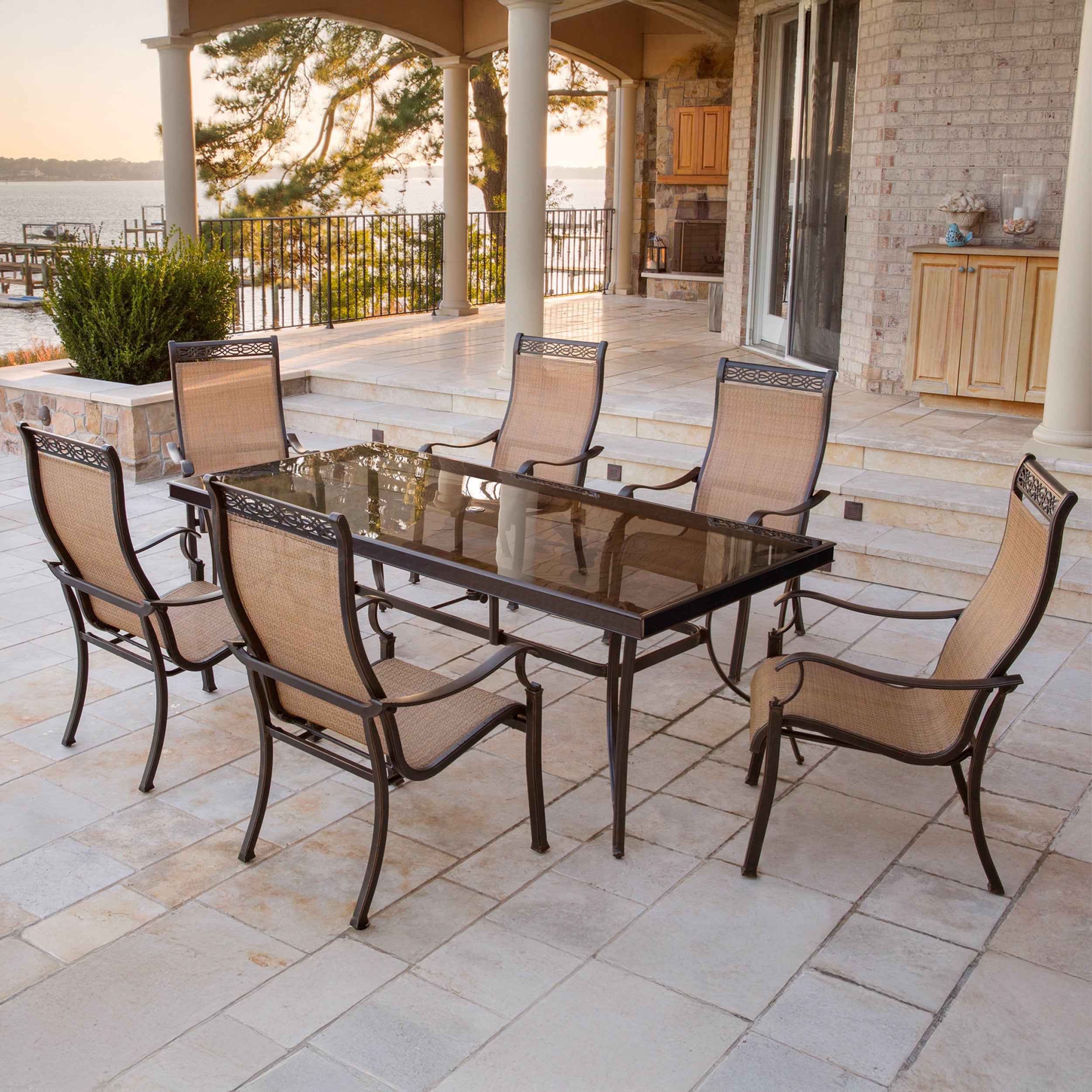 Hanover MONDN7PCG Monaco 7 -Piece Bronze Patio Dining Set Aluminum Rectangle Table with 6 Tan Stationary Chairs
