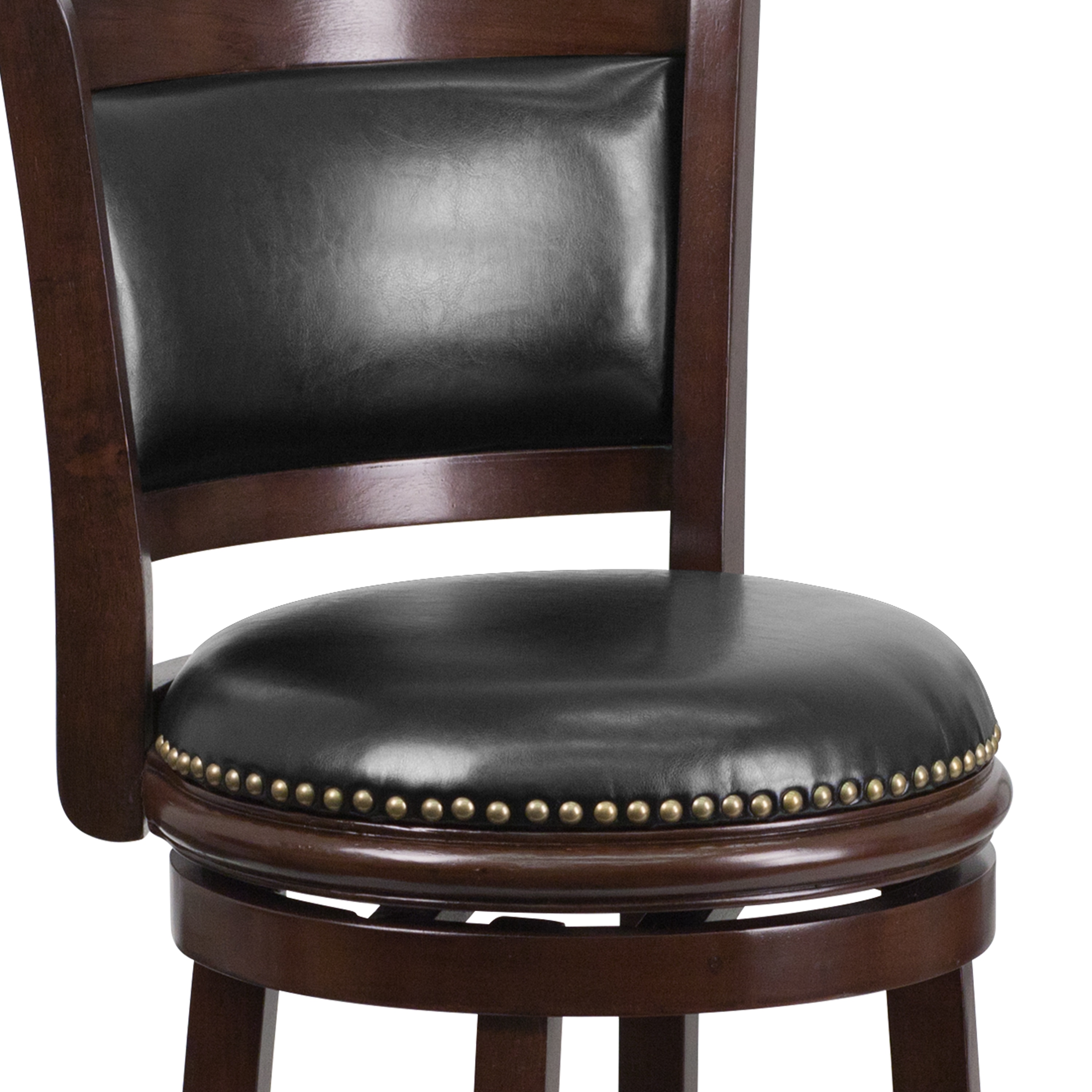 Elegant 43'' Black Leather and Cappuccino Wood Swivel Barstool