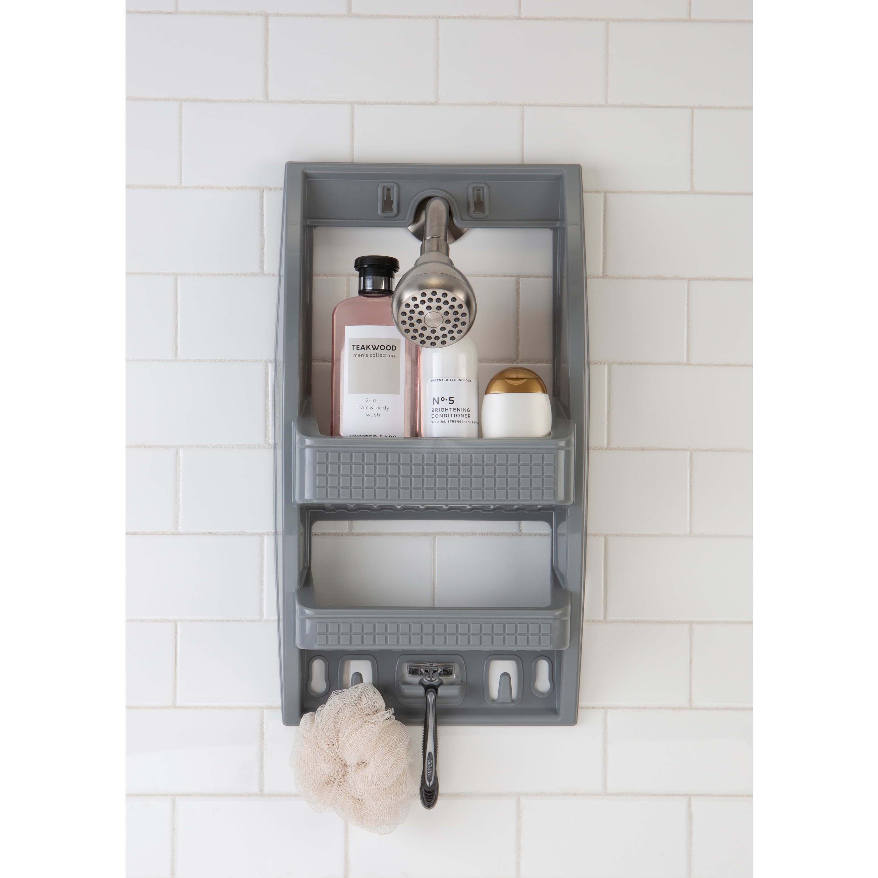 Bath Bliss Gray Plastic 2-Shelf Over The Showerhead Hanging Shower