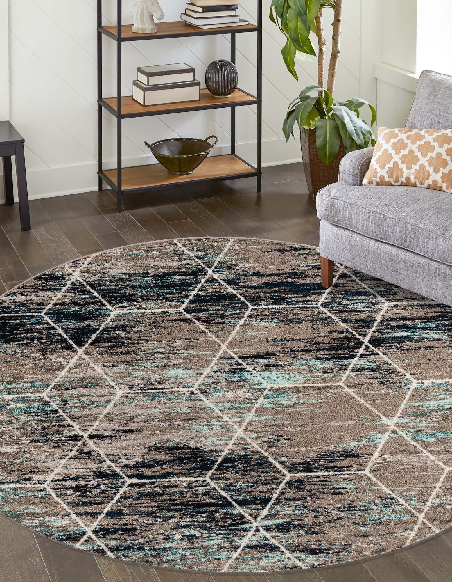 Unique Loom 3151809 Trellis Frieze 6 x 6 (ft) Loomed Polypropylene Blue Multi Round Indoor Trellis Area rug